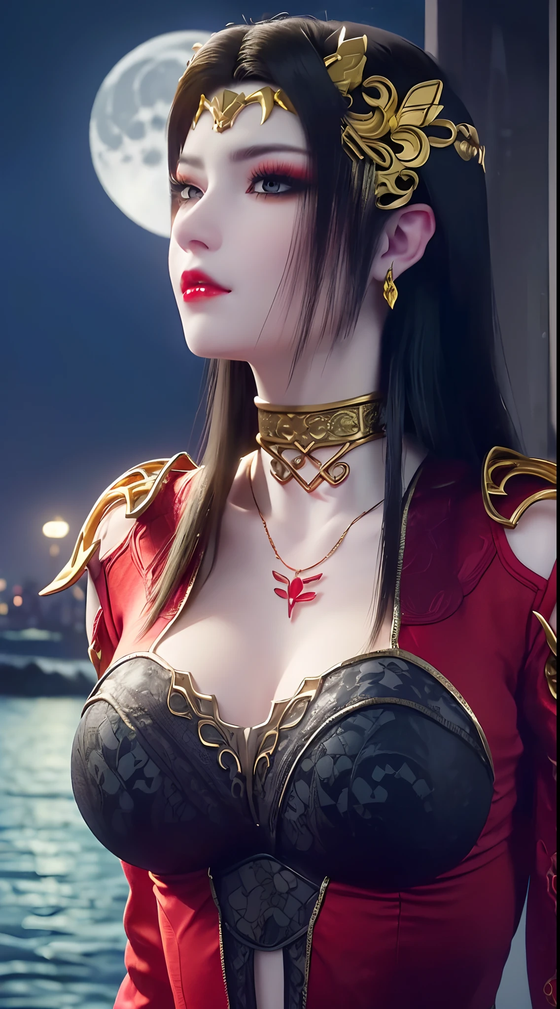 1 extremely beautiful queen, ((wears a red traditional hanfu costume with thin black patterns:1.6)), (((Patterns on clothes:1.6))), ((long black hair:1.6)), jewelry elaborately made from precious stones and beautiful hair, ((wearing a 24k gold lace necklace:1.4))), the noble, noble style of an extremely beautiful girl, her small face is super cute, her face is very pretty, thin eyebrows, flawless beautiful face, ((black eye pupils: 0.8)), very beautiful eyes, ((platinum blue eyes: 1.6)), (((eyes wide open:1.6))), nice makeup and hair detailed eyelashes, steamy eye makeup, high nose, earrings, red lips, ((closed mouth: 1.5)) beautiful lips, slim hands, most beautiful thighs, ((arms spread out to the sides: 1.5)), rosy face, clean face, flawless beautiful face, smooth white skin, (big breasts: 1.5)), ((high breasts: 1.6)), tight breasts, beautiful cleavage, (((big breasts and super round: 1.8))), ((super tight breasts: 1.7)) , beautiful breasts, perfect body, back arms, chest out, thin black mesh stockings with black lace trim, 8k photo, super high quality, super realistic, super 10x pixels, optical, bright studio, bright edges, dual-tone lighting, (high-detail skin:1.2), super 8k, soft lighting, high quality, volumetric lighting, photorealistic, photorealistic high resolution, lighting, best photo, 4k, 8k quality, blur effect, smooth sharp, 10 x pixel, ((sea and moonlight at night background:1.5)), aurora, lightning, super graphics realistic, most realistic graphics, 1 girl, alone, solo, Extremely sharp image, surreal, (((frontal portrait: 1)))."