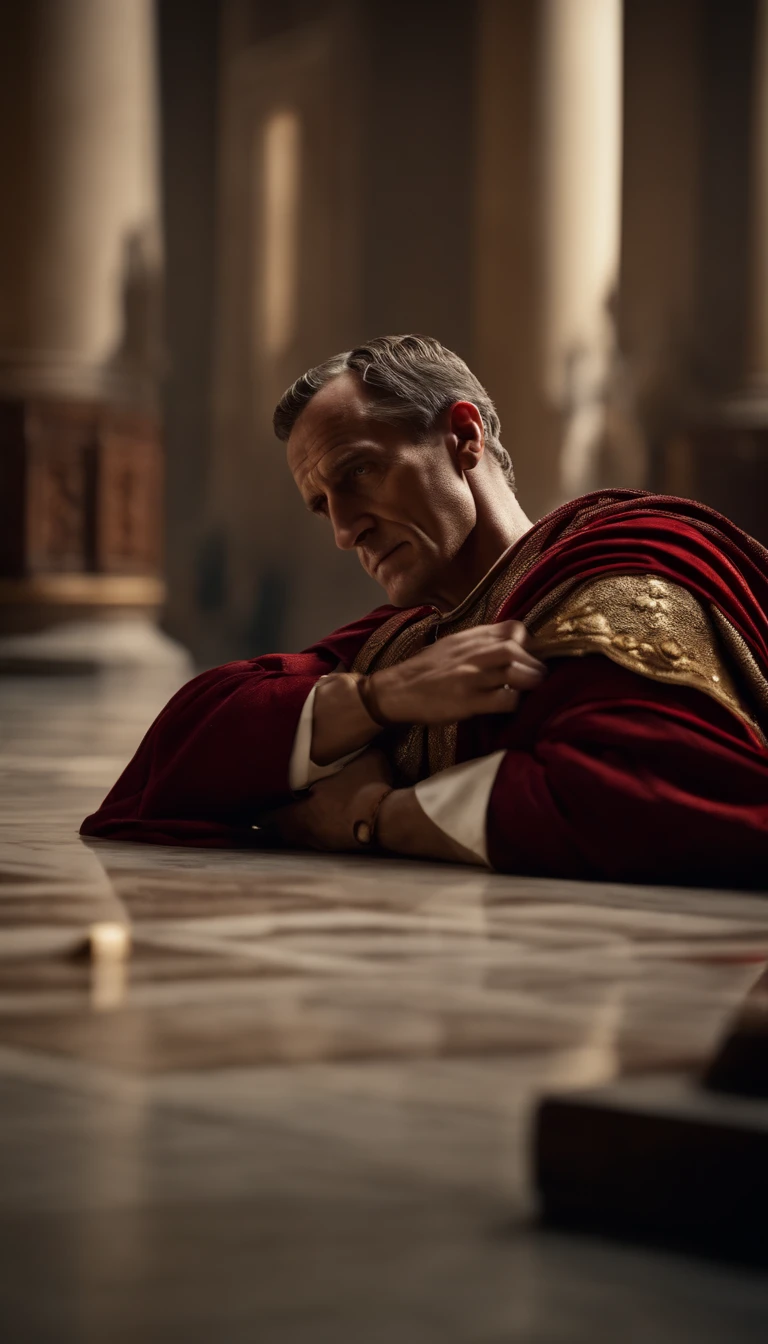 Emperor Julius Caesar in an ancient Roman court room lying down and bruised