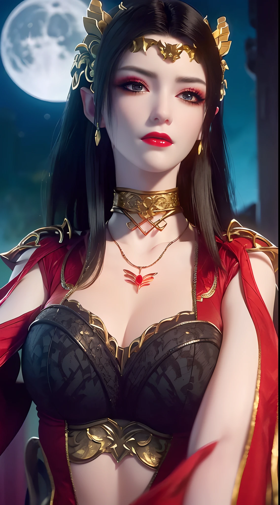 1 extremely beautiful queen, ((wears a red traditional hanfu costume with thin black patterns:1.6)), (((Patterns on clothes:1.6))), ((long black hair:1.6)), jewelry elaborately made from precious stones and beautiful hair, ((wearing a 24k gold lace necklace:1.4))), the noble, noble style of an extremely beautiful girl, her small face is super cute, her face is very pretty, thin eyebrows, flawless beautiful face, ((black eye pupils: 0.8)), very beautiful eyes, ((platinum blue eyes: 1.6)), (((eyes wide open:1.6))), nice makeup and hair detailed eyelashes, steamy eye makeup, high nose, earrings, red lips, ((closed mouth: 1.5)) beautiful lips, slim hands, most beautiful thighs, ((arms spread out to the sides: 1.5)), rosy face, clean face, flawless beautiful face, smooth white skin, (big breasts: 1.5)), ((high breasts: 1.6)), tight breasts, beautiful cleavage, (((big breasts and super round: 1.8))), ((super tight breasts: 1.7)) , beautiful breasts, perfect body, back arms, chest out, thin black mesh stockings with black lace trim, 8k photo, super high quality, super realistic, super 10x pixels, optical, bright studio, bright edges, dual-tone lighting, (high-detail skin:1.2), super 8k, soft lighting, high quality, volumetric lighting, photorealistic, photorealistic high resolution, lighting, best photo, 4k, 8k quality, blur effect, smooth sharp, 10 x pixel, ((sea and moonlight at night background:1.5)), aurora, lightning, super graphics realistic, most realistic graphics, 1 girl, alone, solo, Extremely sharp image, surreal, (((frontal portrait: 1)))."