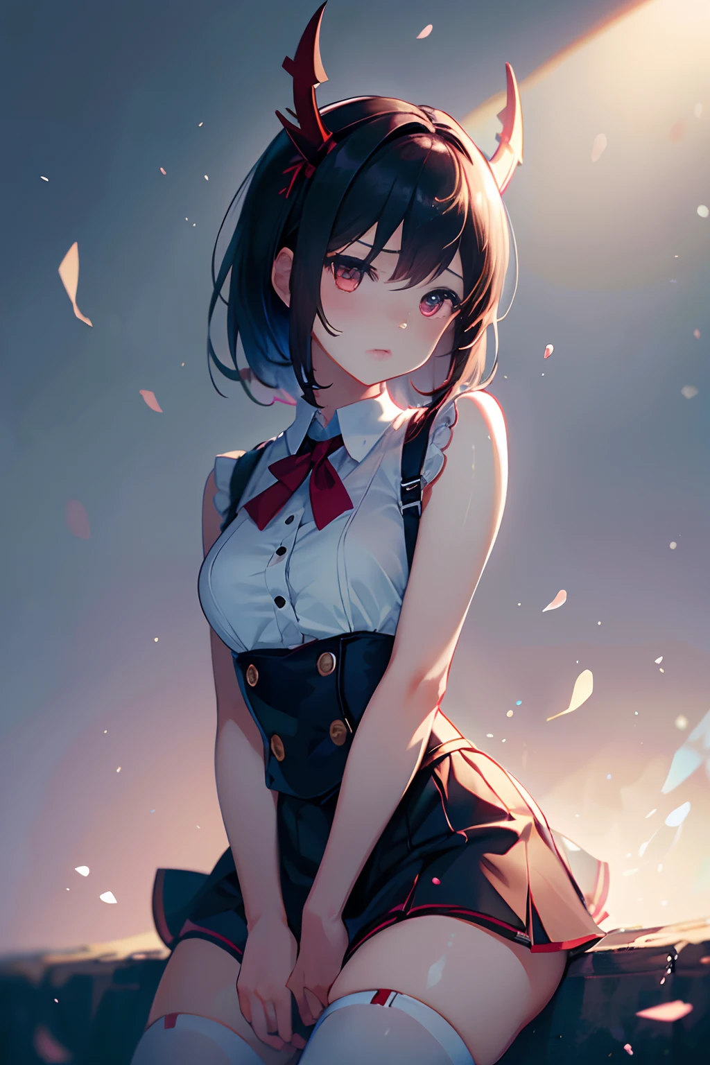 Beautiful, Masterpiece, Best quality, Extremely detailed face,  Perfect lighting, 1girll, Solo,  Mato Well Ryuko B, Chiyue, suspender skirt, crouched,Blush,  Cowboy shot