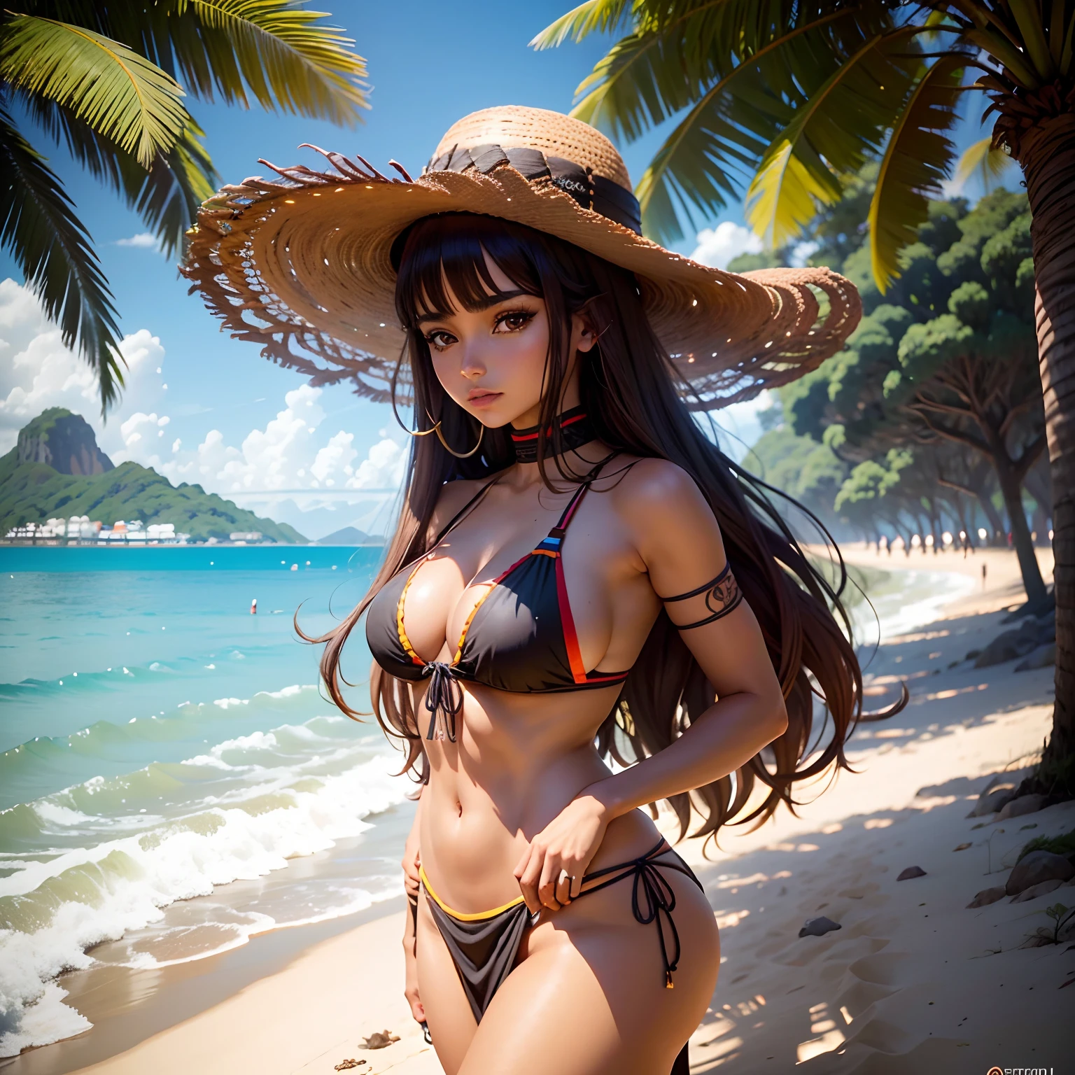 personagem de anime: Adult Brazilian indigenous woman, vestido bege, Brown skin, cabelos longos com franja, sentado na beira do rio, master part, best quality, pele detalhada, olhos detalhados, olhos alaranjados,8k, bom sombreamento, beautiful strokes, Antecedentes detalhados, boa anatomia