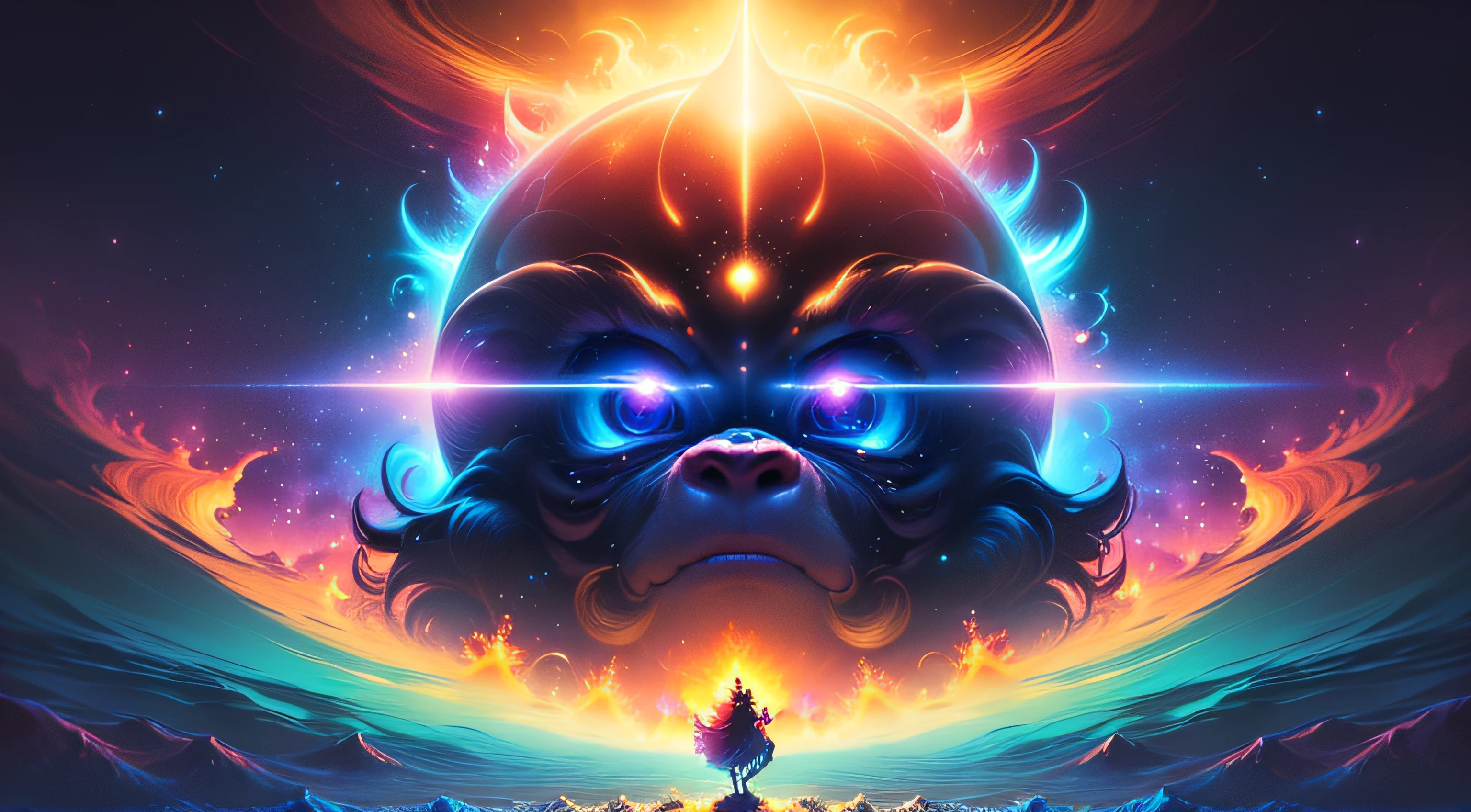 A super saiyan gorilla standing on a sun shaped object in the sky and dreaming of electric blackholes, blurry and dreamy illustration, calm night. Digital illustration, Blurred and dreamlike illustration, Amédée Ozenfant, dreamlike illustration, in astral universe)) ), colorful universe surreal ethereal, in cosmic realm, in surreal dreamy landscape, light shadows, waves, multiple layers, Foreground, vista, fractal thunder Dan Mumford, Dan Mumford and Alex Gray style, psychedelic surreal art, surreal psychedelic design, fantasy art style, illusion psychedelic art, infinite psychedelic waves , inspired by Cyril Rolando, real ripple structure, psychedelic art style, psychedelic art, psychedelic illustration -- V6, colorful neon colors.