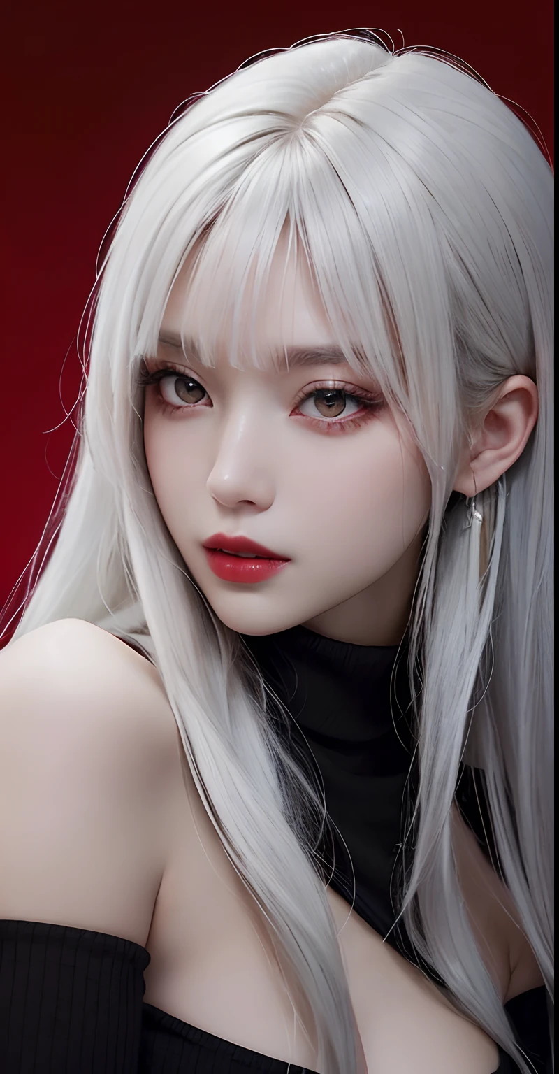 (8k, best quality, masterpiece: 1.2), (realistic, photorealistic photorealistic: 1.37), best quality, masterpiece, unity, an extremely delicate beautiful, extremely detailed, amazing, fine detail, masterpiece, best quality, official art, absurd, incredibly absurd, super detailed, high resolution, very detailed, beautiful detailed girl, extremely detailed eyes and face, beautiful detail eyes, light on face, white hair, Kpop idol, ulzzang-6500, A female , she/her, pale skin, with long silky white straight hair with straight bangs covering my eyebrows, red eyes, very sexy, wearing a knitted, ((deep red turtleneck with a long black stockings and black boots)), red background, wallpaper, highest resolution, magical, roses,