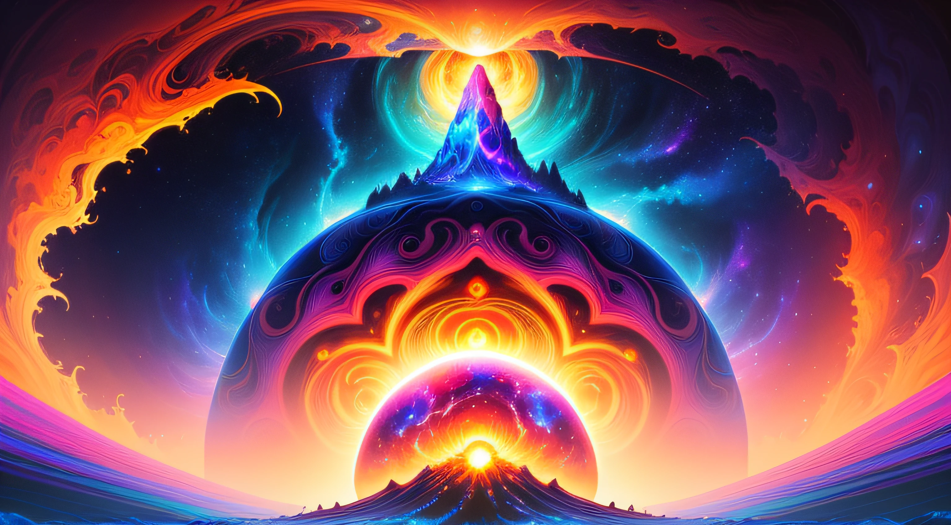A super saiyan gorilla standing on a sun shaped object in the sky and dreaming of electric blackholes, blurry and dreamy illustration, calm night. Digital illustration, Blurred and dreamlike illustration, Amédée Ozenfant, dreamlike illustration, in astral universe)) ), colorful universe surreal ethereal, in cosmic realm, in surreal dreamy landscape, light shadows, waves, multiple layers, Foreground, vista, fractal thunder Dan Mumford, Dan Mumford and Alex Gray style, psychedelic surreal art, surreal psychedelic design, fantasy art style, illusion psychedelic art, infinite psychedelic waves , inspired by Cyril Rolando, real ripple structure, psychedelic art style, psychedelic art, psychedelic illustration -- V6, colorful neon colors.