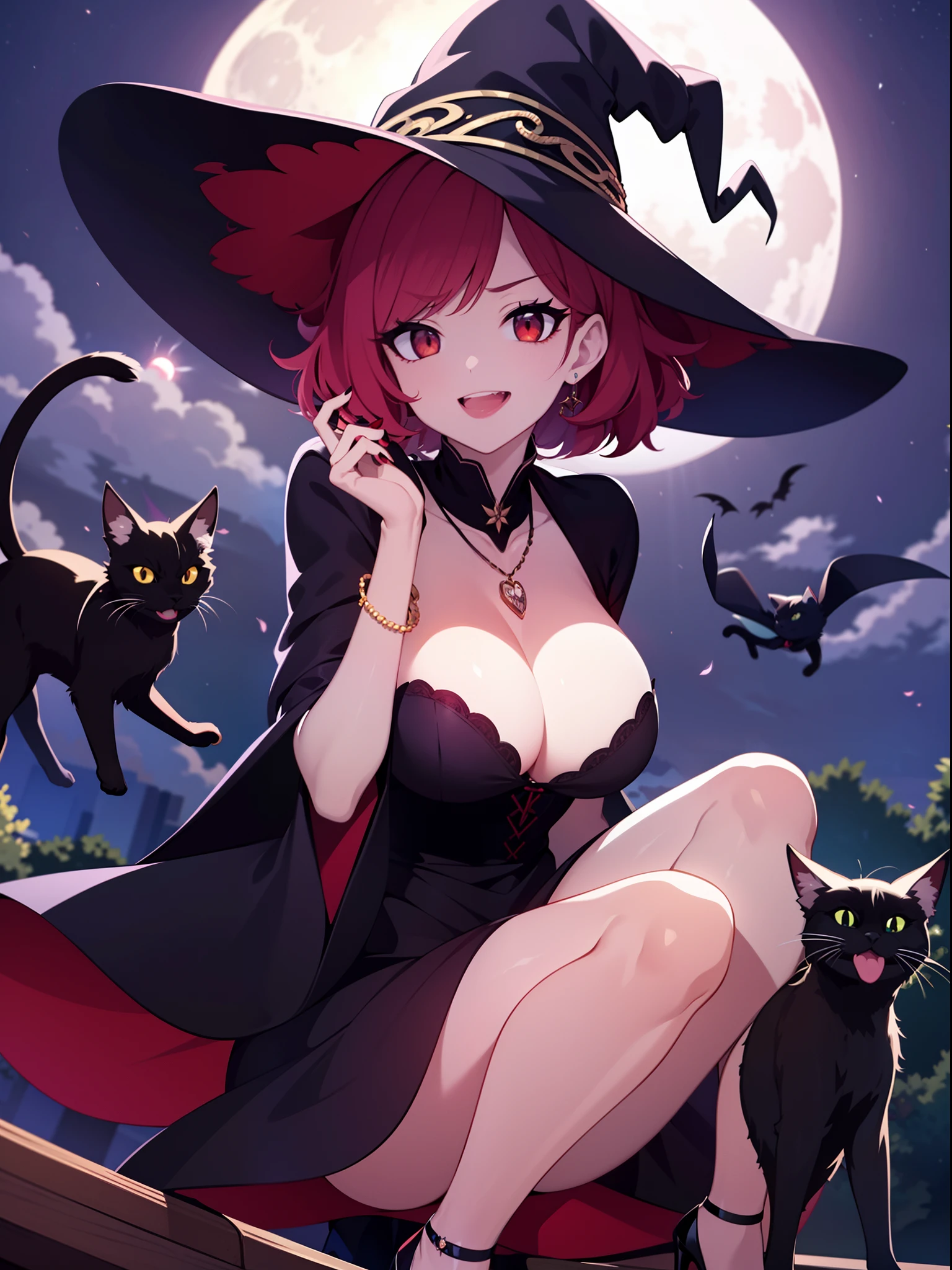 in 8K、top-quality、masterpiece、ultra-detailliert、Ultra-high resolution、Anime style、One Bewitching Witch、witch's hat、Holding a black cat、Boom、natta、fullmoon、makeup、eyeshadows、red lipsticks、a necklace、A bracelet、anklets、manicure、Red high heels、Red face、Opening Mouth、Smile bewitchingly