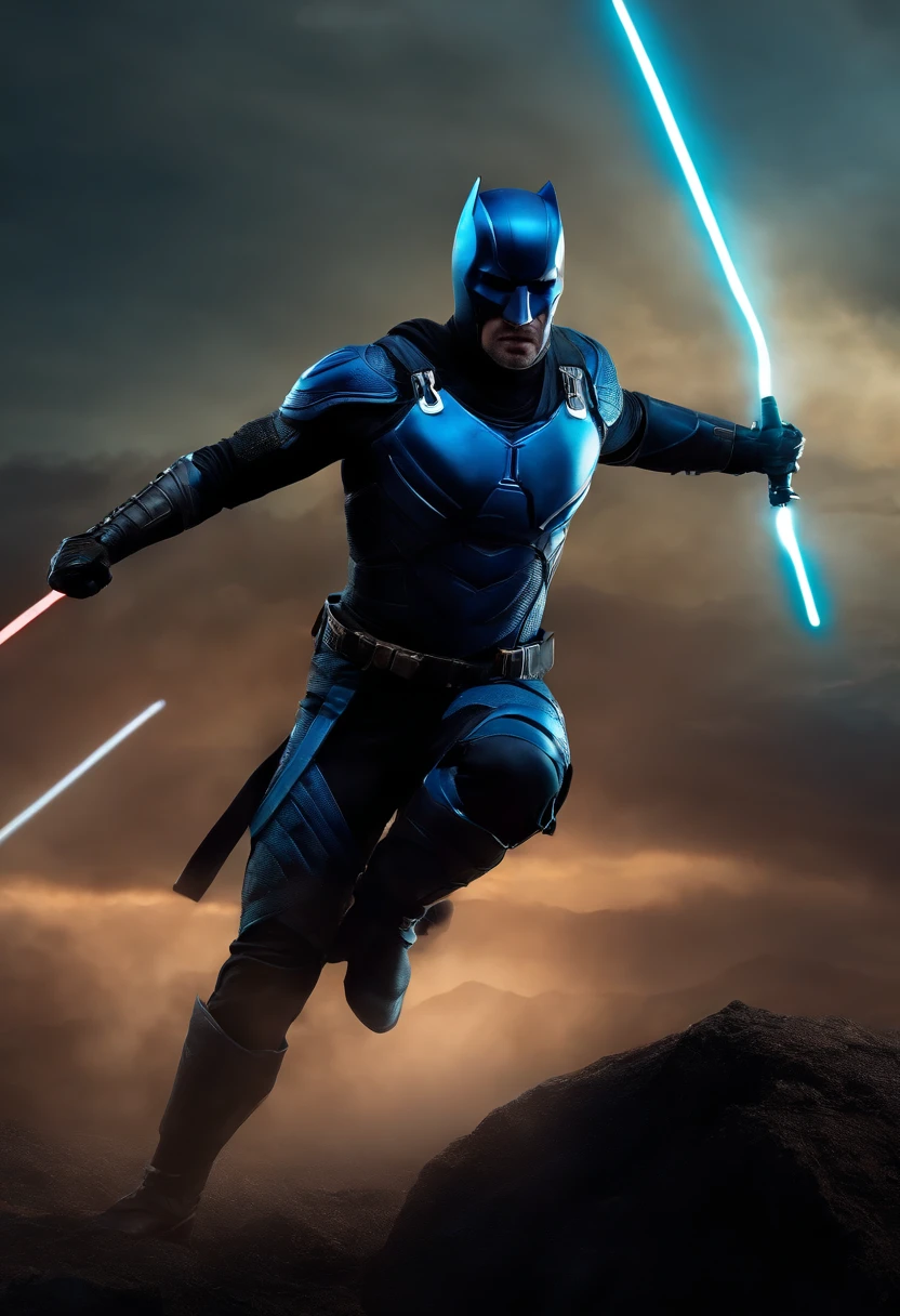 daredevil as a spartan warrior, jumping in the air, a neon blue light sabers in hand, the sky is a pale hunter green, dying spartans on the ground , bloody armor, epic, 8k