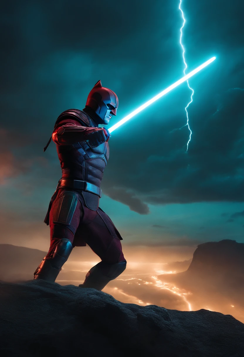 daredevil as a spartan warrior, jumping in the air, a neon blue light sabers in hand, the sky is a pale hunter green, dying spartans on the ground , bloody armor, epic, 8k