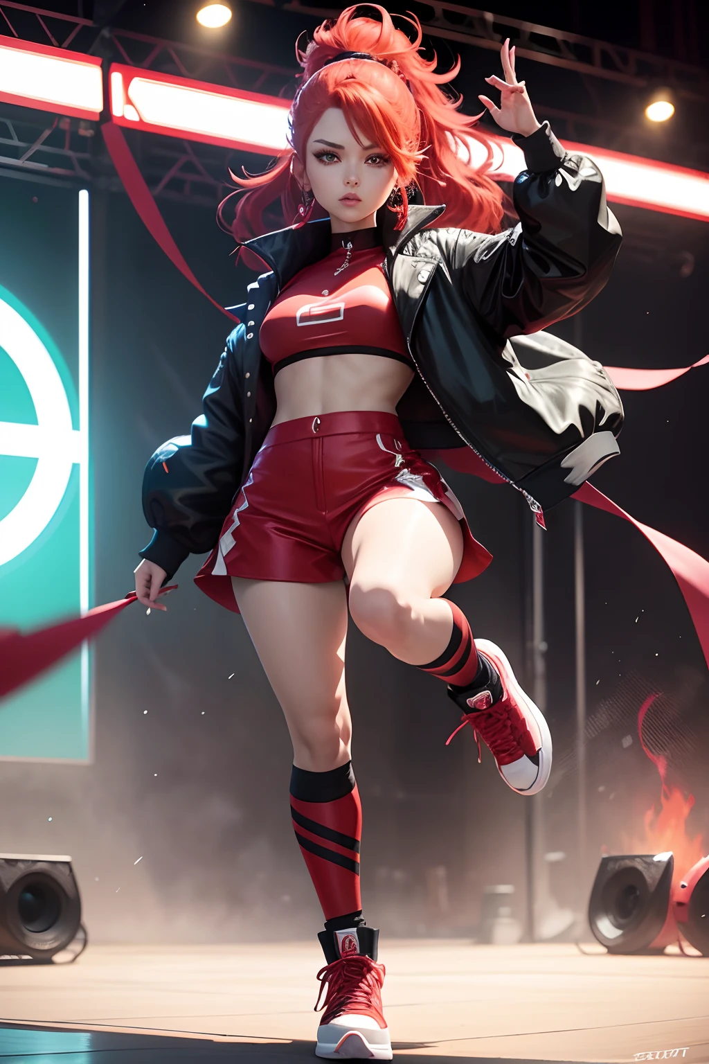 ANIME CHARCTER....Pokemon trainer Pop idol, Stella is the fiery member of the group with bold crimson hair that flows freely. Her piercing emerald green eyes add to her captivating presence. She has an athletic and energetic demeanor. Stella's outfit embodies her fiery persona with a red and black jacket adorned with flame-like patterns. She wears high-top black sneakers with red accents that allow her to move freely during performances. Create her as an anime character