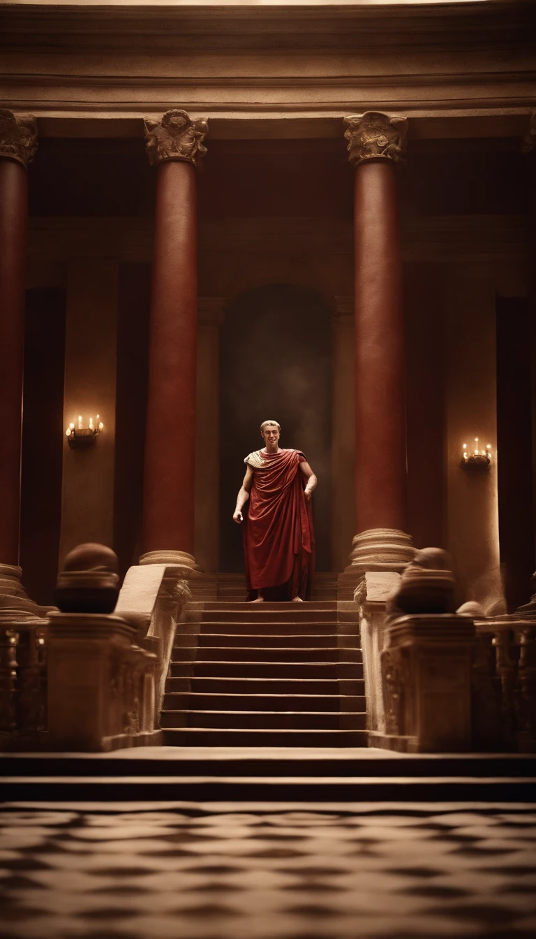 Emperor Julius Caesar in an ancient Roman court room lying on a staircase, machucado na testa
