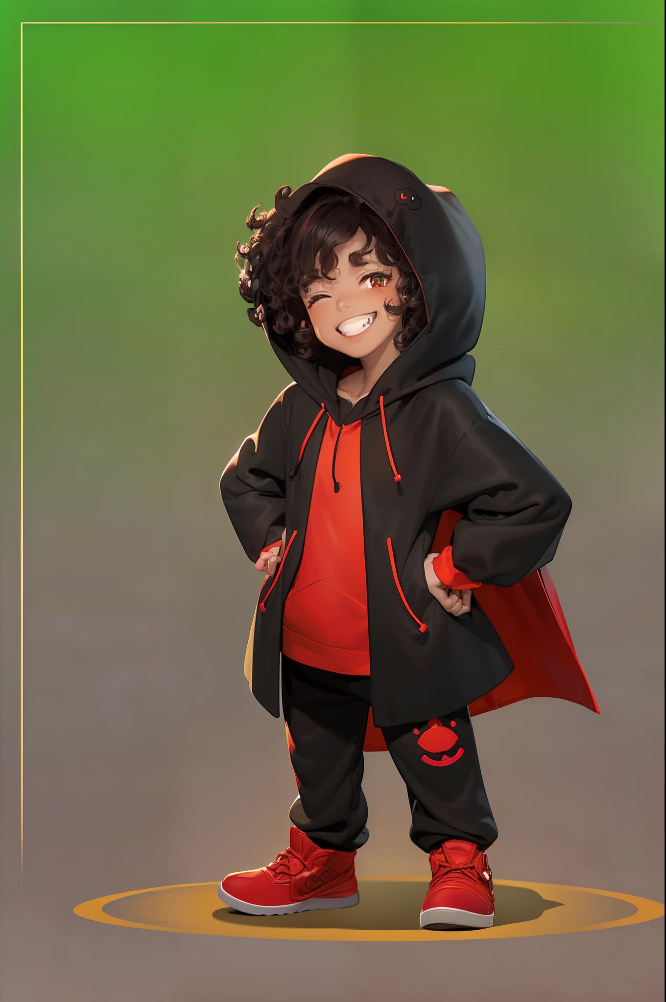 ((Boy)),((Dark brown hair)), ((Curly hair)), ((Black cape)), ((Smiling face on a black cloak)), ((Simple smiley face design in black bucket cap)), ((ethnicity: hispanic)), ((Red hoodie)), ((There is nothing on the red hoodie)), ((cheerfulness)), ((Pose: Do peace sigh with your hands)), ((Light red hoodie)), ((Blank pants)), ((Background: Red and black gradients))