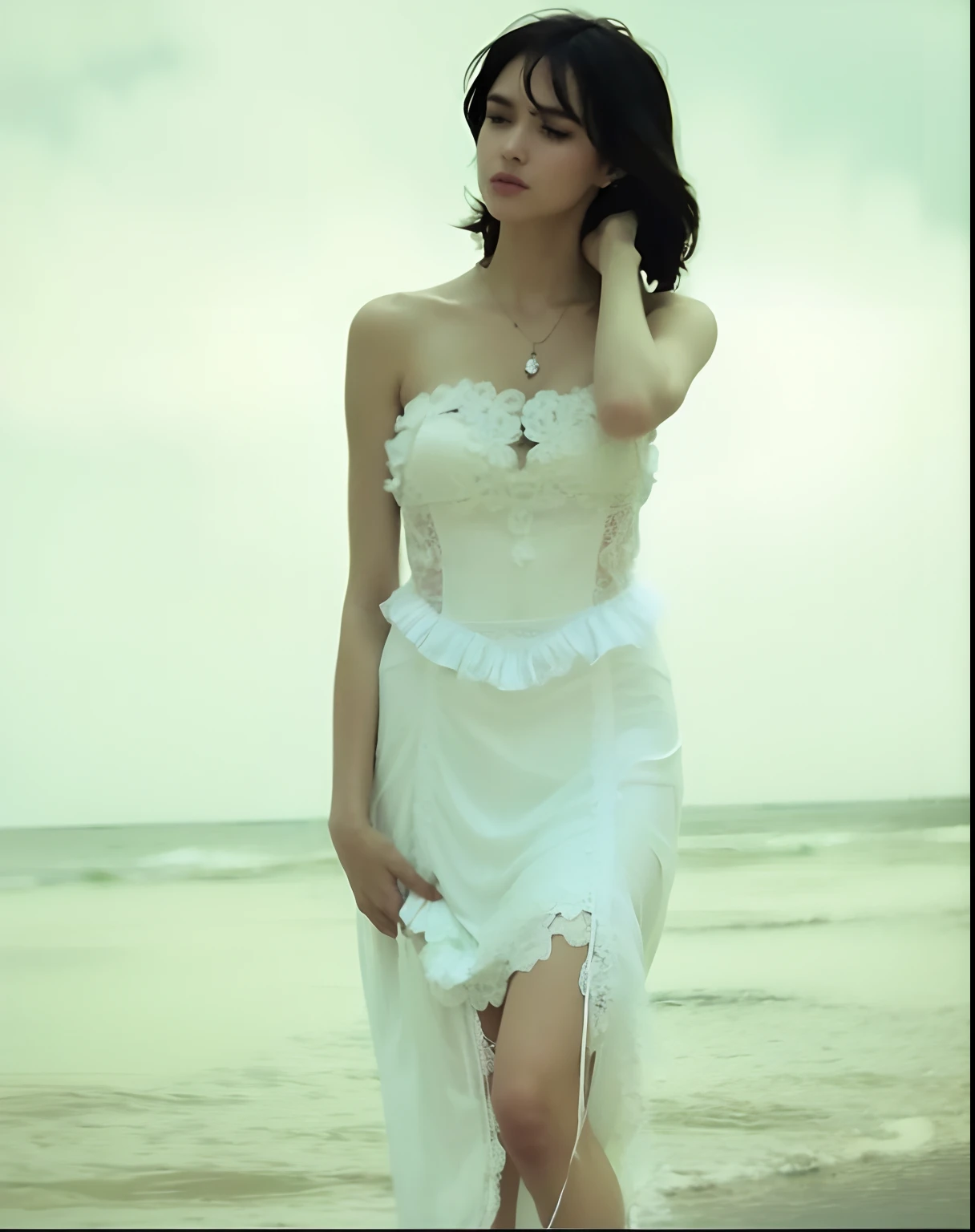 there is a woman in a white dress standing on the beach, wearing stunning ivory dress, ancient white dress, a beautiful woman in white, intricate white dress, tattered dress, bone dress, beautiful long white dress, skinny girl in white boho dress, flowing white dress, long white dress, very ethereal, ethereal and dreamy, ethereal beauty, ethereal!!!, white dress