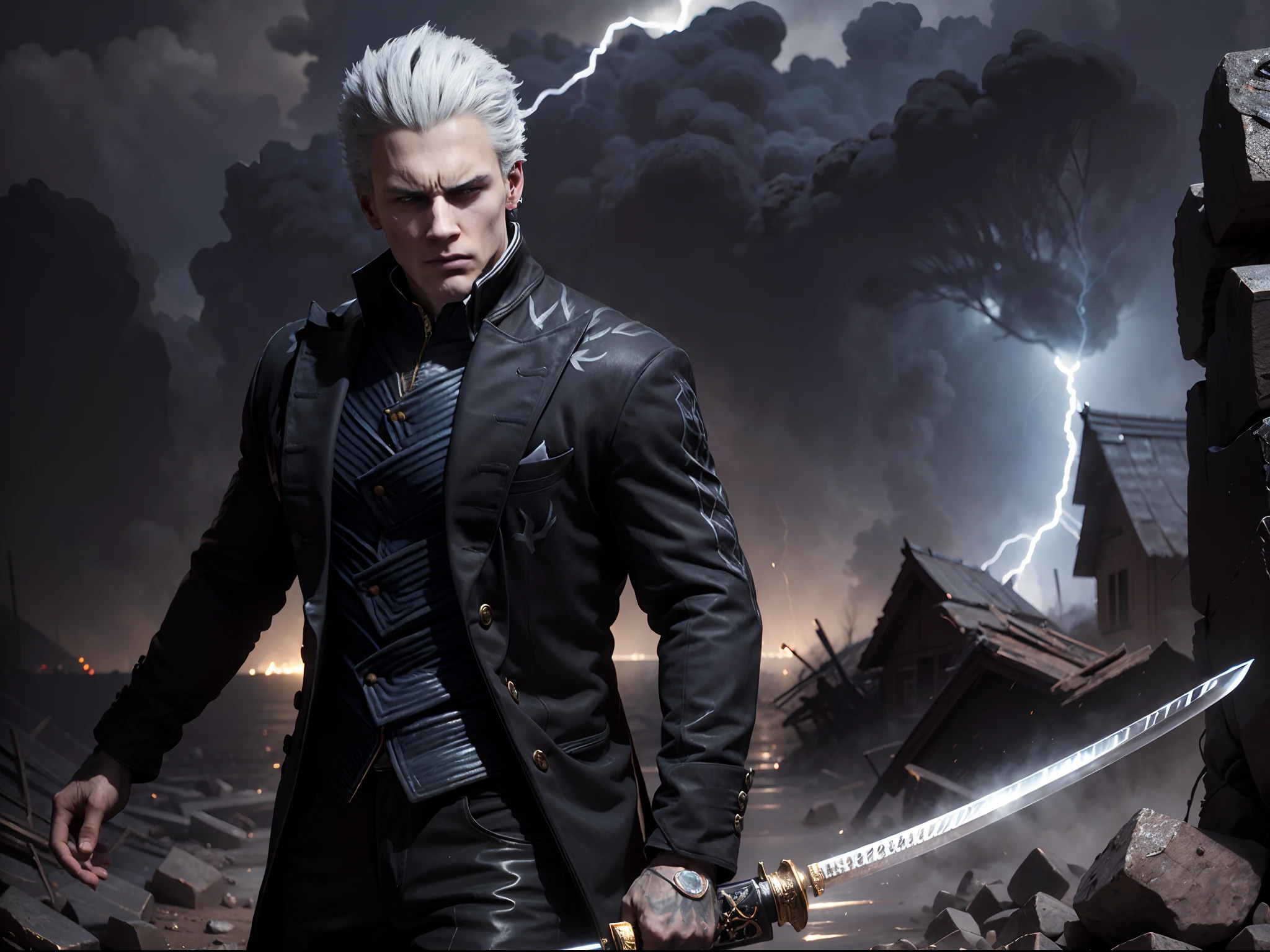 Character:
Vergil from Devil May Cry 5 is shown in an intense, dynamic close-up. He possesses striking features that demand attention:

Vergil's short, pure white hair at the back is perfectly groomed, adding to his aura of precision.
His piercing black eyes are focused and determined, drawing viewers into his intense gaze.
He dons a tailored, fitted black suit that accentuates his powerful physique, emphasizing clean lines and sharp edges.
Clad in a crisp, white dress shirt underneath, the contrast between the white shirt and black suit showcases his elegant yet imposing presence.
His black dress shoes complete the ensemble, adding a touch of sophistication.
In his hands, Vergil wields a katana with a polished silver blade that gleams with a razor-sharp edge. The Japanese-style handguard adds an exotic and deadly touch.
The overall look exudes an air of sophistication and danger, with every detail meticulously crafted to perfection.
Environment:
The scene is set in the midst of an electrifying thunderstorm, placing Vergil at the center of the chaos:

The intense thunderstorm background features forked lightning bolts that illuminate the scene with vibrant flashes of light.
Electrical sparks crackle and dance in the background, adding an element of unpredictability and danger to the atmosphere.
The wind-blown debris swirling around Vergil adds to the dynamic energy of the scene, creating a sense of movement and urgency.
The high-quality texture of the environment adds depth and realism to the overall composition.
Motion blur enhances the sense of action, making Vergil appear as if he's in the midst of a battle.
Particle effects, such as raindrops and swirling wind, further immerse the viewer in the stormy setting.
The use of HDR (High Dynamic Range) and UHD (Ultra High Definition) ensures that every detail is captured in stunning clarity, making the scene truly come to life.