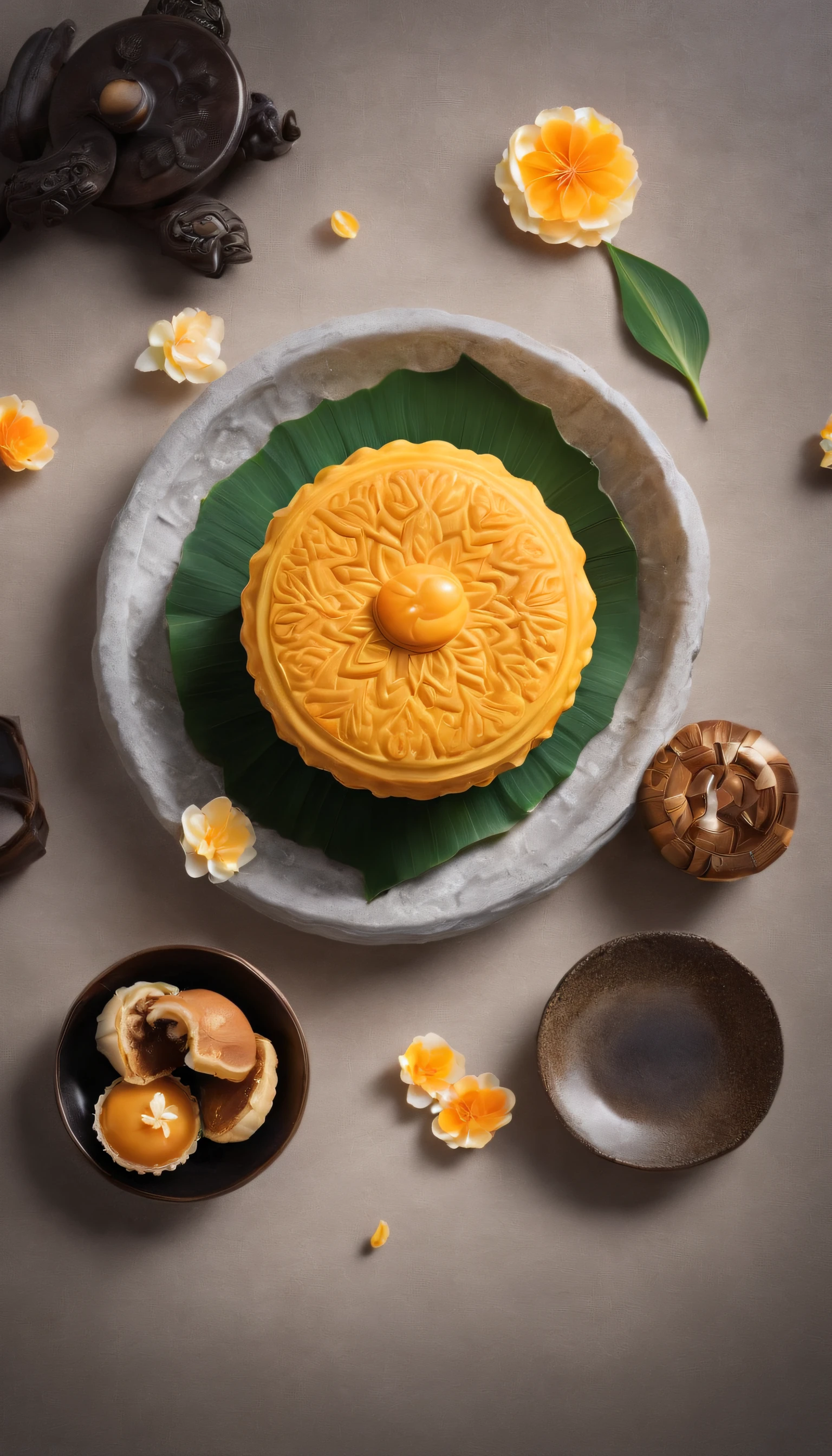 Commercial shooting, Cantonese cuisine 1 egg yolk mooncake, Mooncakes are large in size, poster for, Fresh style background, elegant, Booth lighting, Attractive, photorealistic colors, Ultra HD