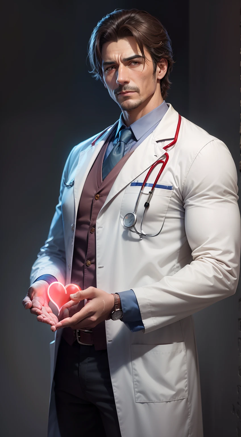 Realistic image of a doctor, de jaleco, charismatic, solid color backdrop, real A heart fly names his hand, real heart red color