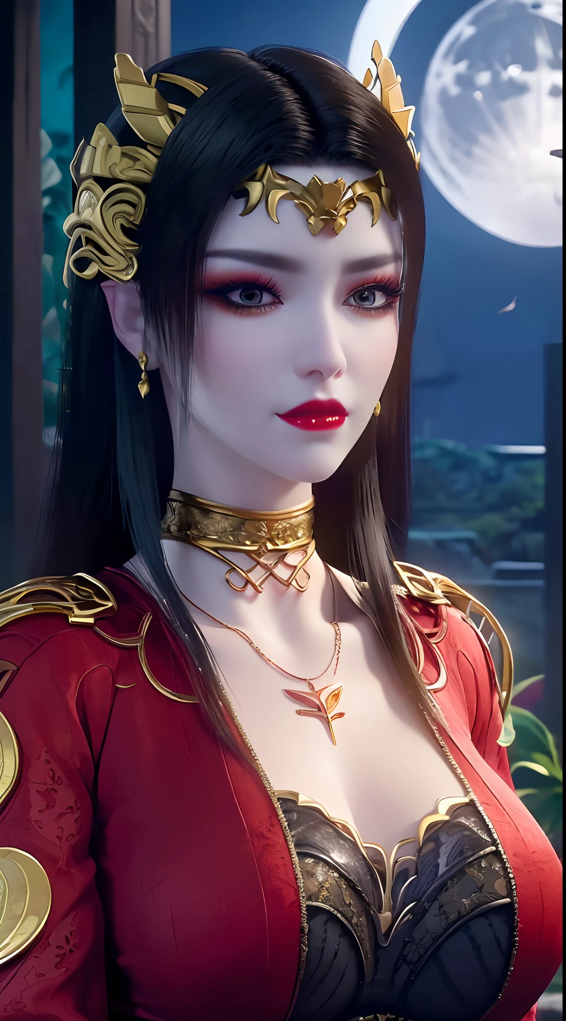 1 extremely beautiful queen, ((wears a red traditional hanfu costume with thin black patterns:1.6)), (((Patterns on clothes:1.6))), ((long black hair:1.6)), jewelry elaborately made from precious stones and beautiful hair, ((wearing a 24k gold lace necklace:1.4))), the noble, noble style of an extremely beautiful girl, her small face is super cute, her face is very pretty, thin eyebrows, flawless beautiful face, ((black eye pupils: 0.8)), very beautiful eyes, ((platinum blue eyes: 1.6)), (((eyes wide open:1.6))), nice makeup and hair detailed eyelashes, steamy eye makeup, high nose, earrings, red lips, ((closed mouth: 1.5)) beautiful lips, slim hands, most beautiful thighs, ((arms spread out to the sides: 1.5)), rosy face, clean face, flawless beautiful face, smooth white skin, (big breasts: 1.5)), ((high breasts: 1.6)), tight breasts, beautiful cleavage, (((big breasts and super round: 1.8))), ((super tight breasts: 1.7)) , beautiful breasts, perfect body, back arms, chest out, thin black mesh stockings with black lace trim, 8k photo, super high quality, super realistic, super 10x pixels, optical, bright studio, bright edges, dual-tone lighting, (high-detail skin:1.2), super 8k, soft lighting, high quality, volumetric lighting, photorealistic, photorealistic high resolution, lighting, best photo, 4k, 8k quality, blur effect, smooth sharp, 10 x pixel, ((sea and moonlight at night background:1.5)), aurora, lightning, super graphics realistic, most realistic graphics, 1 girl, alone, solo, Extremely sharp image, surreal, (((frontal portrait: 1)))."