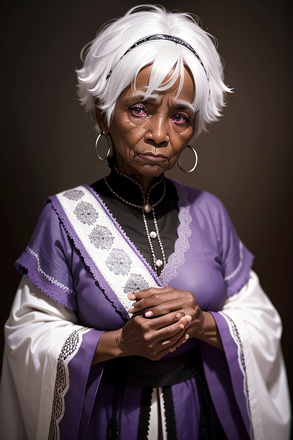 an old black woman with white hair, purple eyes, black skin and elderly woman's clothes,captured with Nikon d850.Subdued light on a blurred background to highlight the person and give a depth effect.