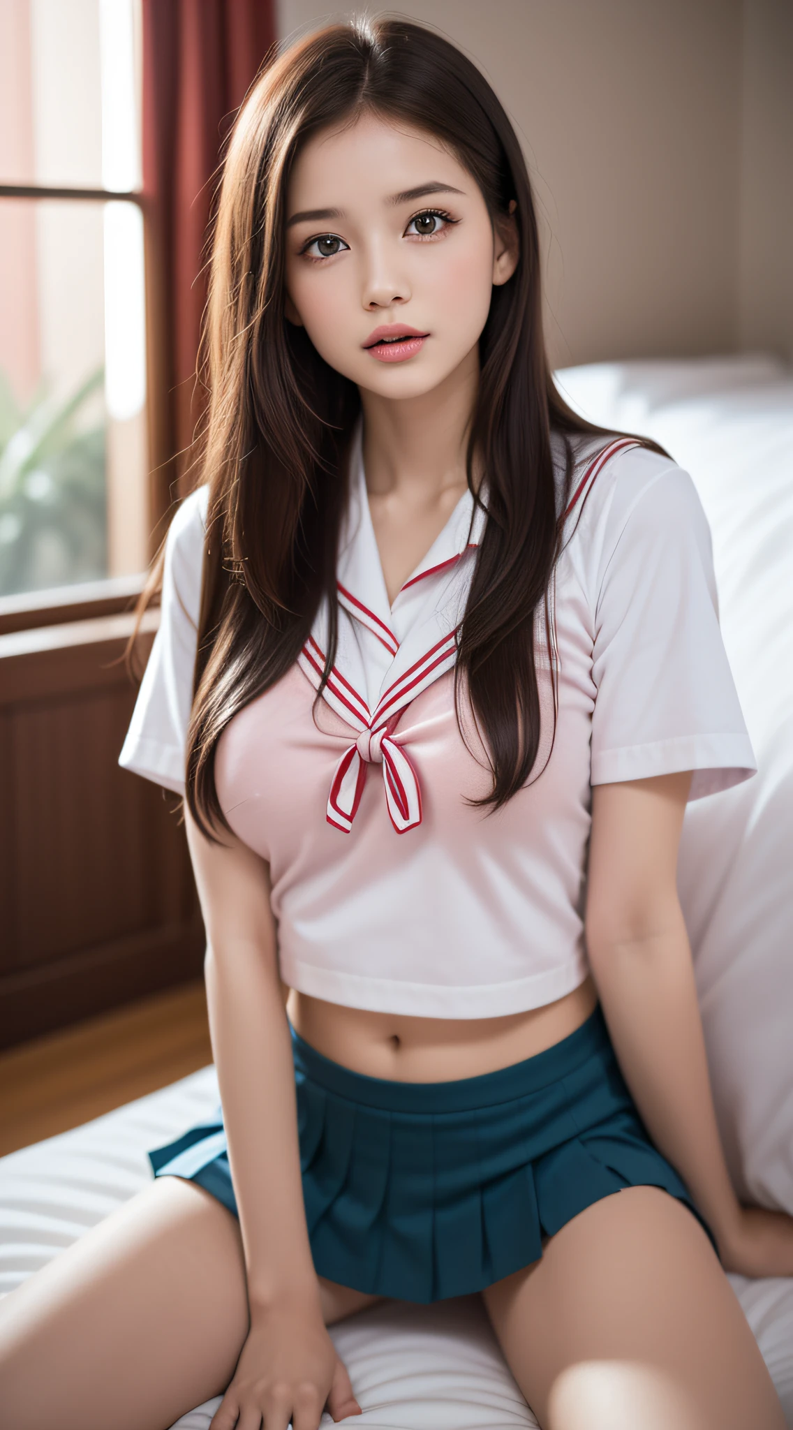 (1ung girl), (highly detailed Beautiful face), Amazing face and eyes, (Best Quality:1.4), (Ultra-detailed), (extremely detailed CG unified 8k wallpaper), Highly detailed, High-definition raw color photos, Professional Photography, Realistic portrait, Amazing face and eyes, Pink eyes, (High school uniform with open breasts), (pleated mini skirt:1.3), brown hair, model, bedroom, (lying on the bed face up:1.3), head on pillow, spread legs wide open, crotch, (no-panties), (((Bokeh))), depth of fields,