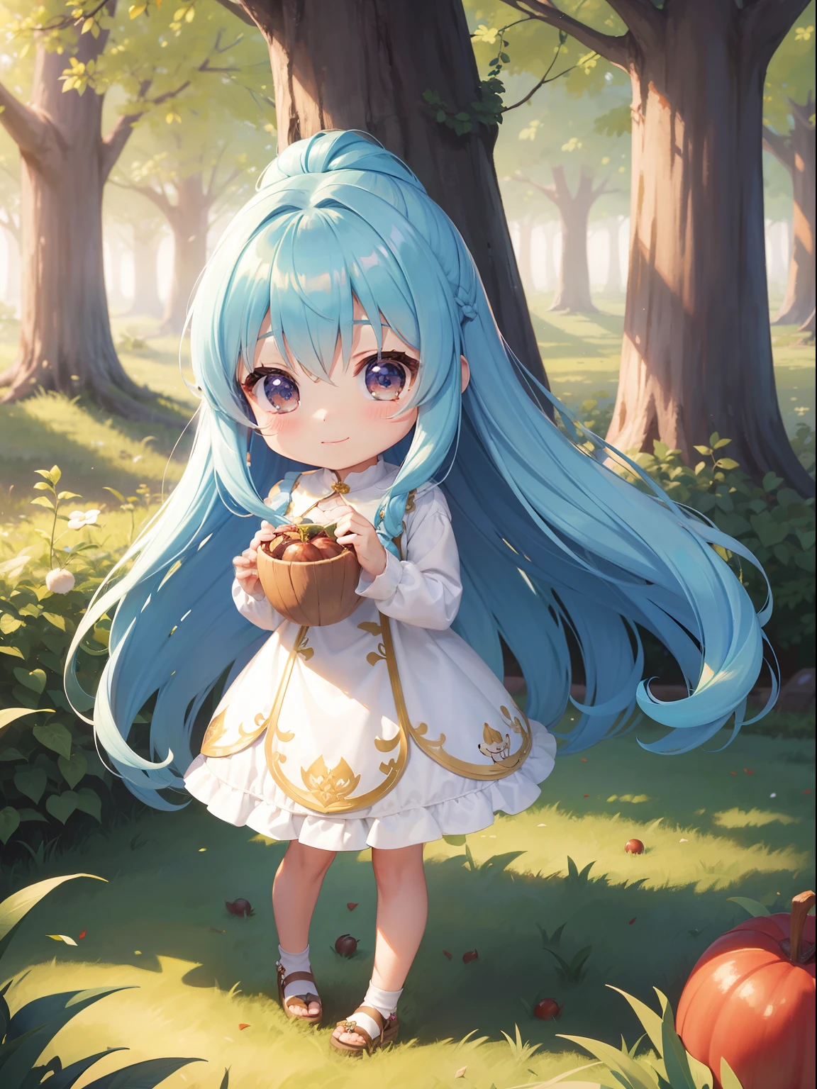 a beauty girl Picking chestnuts in a chestnut grove long hair with blue hair((Chibi Chara))、A charming smile、Fluffy、girl with、Chibi Chara、Friends of the Forest、full body Esbian、Pastel colors hair、masutepiece、top-quality、