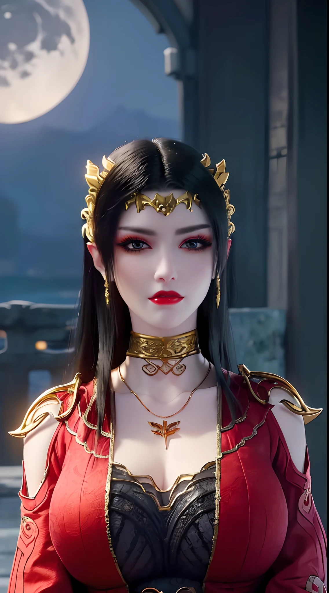 1 extremely beautiful queen, ((wears a red traditional hanfu costume with thin black patterns:1.6)), (((Patterns on clothes:1.6))), ((long black hair:1.6)), jewelry elaborately made from precious stones and beautiful hair, ((wearing a 24k gold lace necklace:1.4))), the noble, noble style of an extremely beautiful girl, her small face is super cute, her face is very pretty, thin eyebrows, flawless beautiful face, ((black eye pupils: 0.8)), very beautiful eyes, ((platinum blue eyes: 1.6)), (((eyes wide open:1.6))), nice makeup and hair detailed eyelashes, steamy eye makeup, high nose, earrings, red lips, ((closed mouth: 1.5)) beautiful lips, slim hands, most beautiful thighs, ((arms spread out to the sides: 1.5)), rosy face, clean face, flawless beautiful face, smooth white skin, (big breasts: 1.5)), ((high breasts: 1.6)), tight breasts, beautiful cleavage, (((big breasts and super round: 1.8))), ((super tight breasts: 1.7)) , beautiful breasts, perfect body, back arms, chest out, thin black mesh stockings with black lace trim, 8k photo, super high quality, super realistic, super 10x pixels, optical, bright studio, bright edges, dual-tone lighting, (high-detail skin:1.2), super 8k, soft lighting, high quality, volumetric lighting, photorealistic, photorealistic high resolution, lighting, best photo, 4k, 8k quality, blur effect, smooth sharp, 10 x pixel, ((sea and moonlight at night background:1.5)), aurora, lightning, super graphics realistic, most realistic graphics, 1 girl, alone, solo, Extremely sharp image, surreal, (((frontal portrait: 1)))."