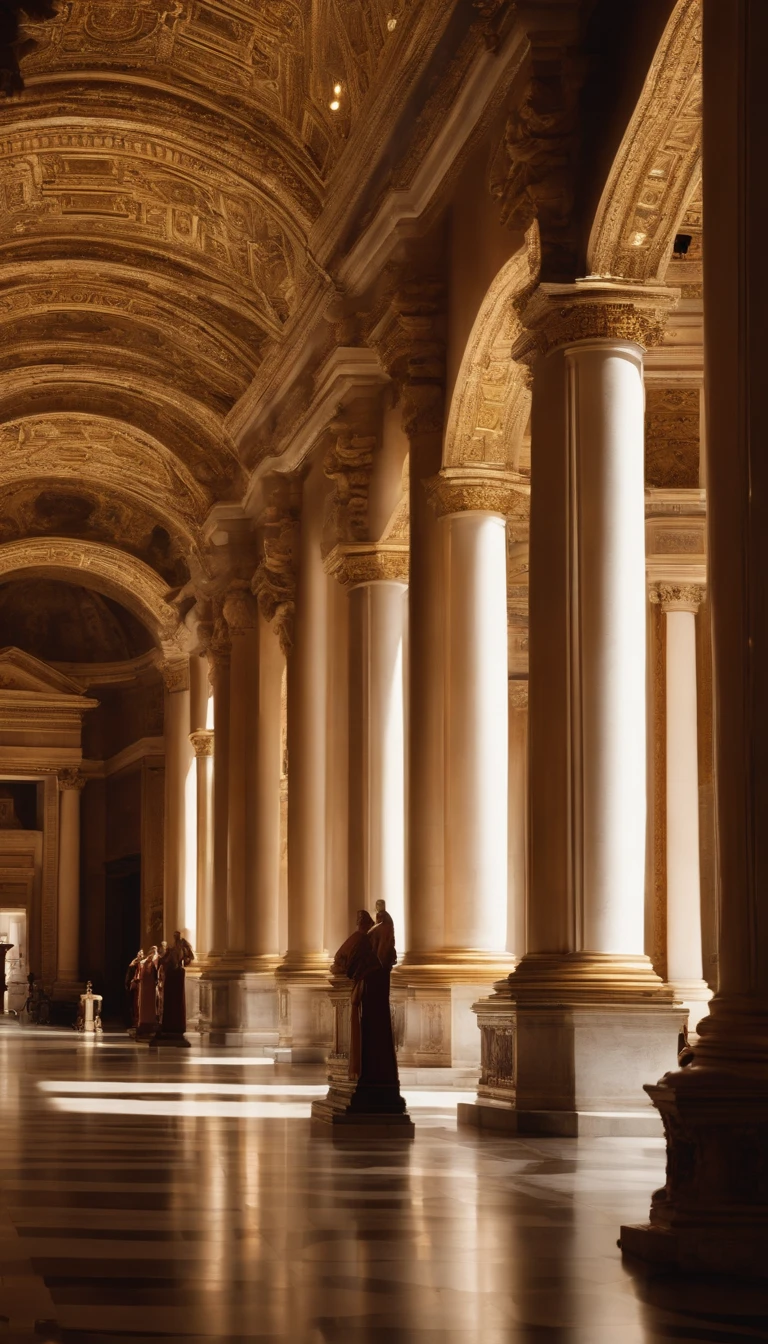 The scene takes place in an imposing and sumptuous space, o Senado Romano, a building of classical architecture with ornate columns and sculptures.
The interior is richly decorated with marble and tapestries, que refletem o poder e a grandiosidade de Roma.
A luz entra pelas janelas altas, criando feixes de luz que destacam as figuras presentes na sala.
Ao fundo, one can see the statue of Julius Caesar, reminding everyone of the greatness and influence of the Roman leader.
Dark red curtains add a dramatic touch to the environment, symbolizing the secrecy and betrayal that is about to occur.
The room is full of senators, cada um deles usando suas togas brancas, And they're in groups talking in whispers, indicating the conspiracy in progress.
The tension in the air is palpable, with nervous, cautious expressions on the faces of senators preparing for the treacherous act.