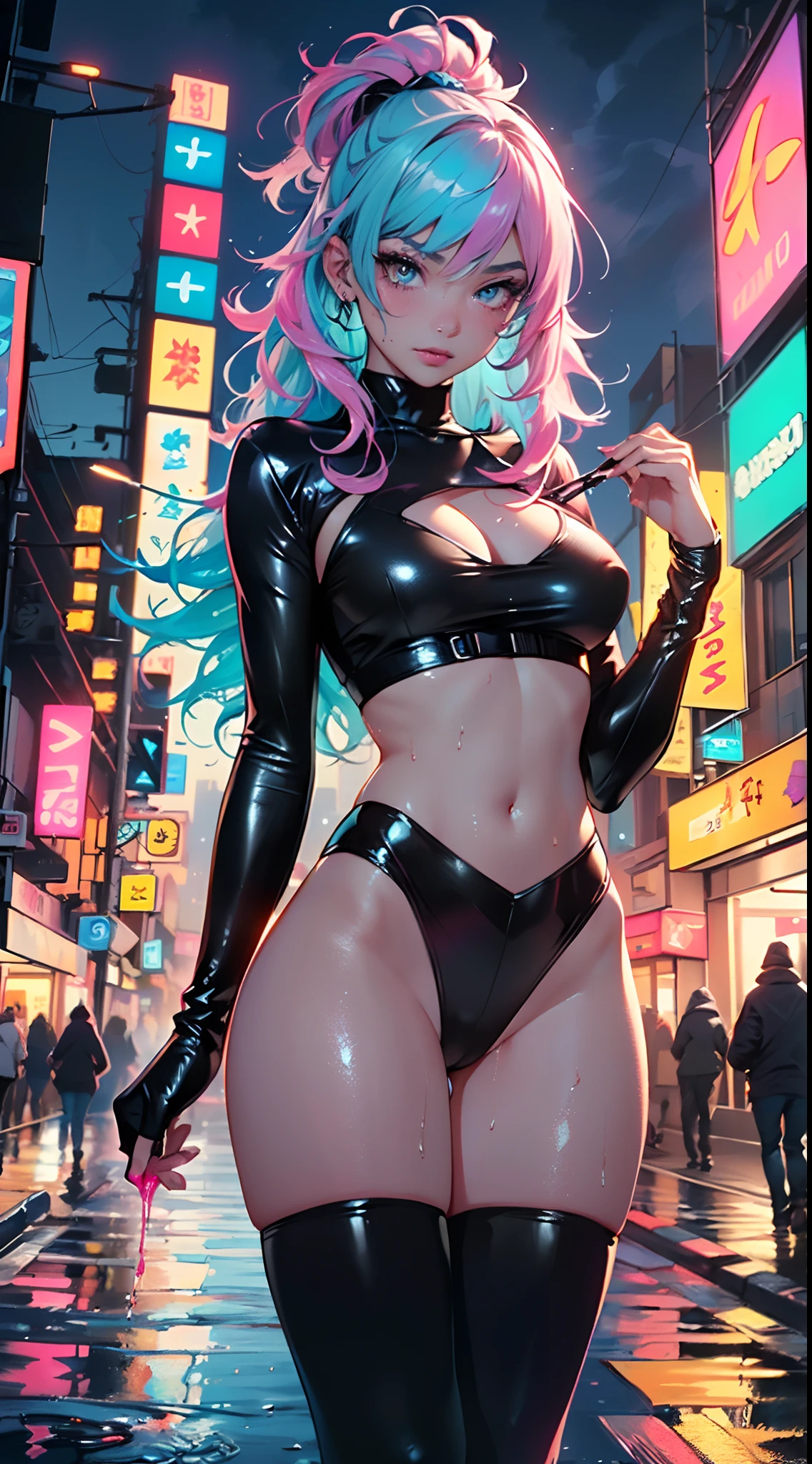 cute cartoon girl,(((1girl))),((extremely cute cartoon girl with liquid paint hair)),

(large breasts:1.4),(((very long hair,absurdly long hair,hair down to the waist,liquid paint hair:1.1,neon purple hair|neon pink hair|neon blue hair|neon aqua hair|purple hair|fuchsia hair|fluorescent blue hair|amethyst hair|neon hair|bright pink hair :1.5,bright hair: 1.3,hair made of paint and defies gravity,thick flowing,paint splatter:1.3,shiny hair: 1.3,vibrant colored hair))),((heterochromia:1.5, (purple_eye and pink_eye))),intricate eyes,beautiful detailed eyes,symmetrical eyes,((fat)),(((lustrous skin:1.5,bright skin: 1.5,skin tanned,shiny skin,very shiny skin,shiny body,plastic glitter skin,exaggerated shiny skin,illuminated skin,wet legs))),(spider lower abdomen,narrow waist,wide hip,athletic body,inflated legs,detailed body,(detailed face)),

cute,slutty,seductive,erotic,(nsfw)

(((liquid paint clothes,clothes made of liquid paint,body paint))),underboob,with liquid paint micro clothes,body paint,dripping paint,liquid pain tiny thong,bare legs,((wet liquid paint clothes,detailed outfit,detailed liquid paint clothes)),

(dynamic pose:1.0),solo focus,embarrassed,(centered,scale to fit dimensions,Rule of thirds),

cyberpunk city by the ocean at night, with bright neon signs and dark stormy clouds and puddles, scenery:1.25,

highres, sharp focus, (ultra detailed, extremely detailed), (photorealistic artwork:1.37),(extremely detailed CG unity 8k wallpaper),((synthwave background theme)),(((vibrant colors))),(intricate background),(masterpiece),(best quality),