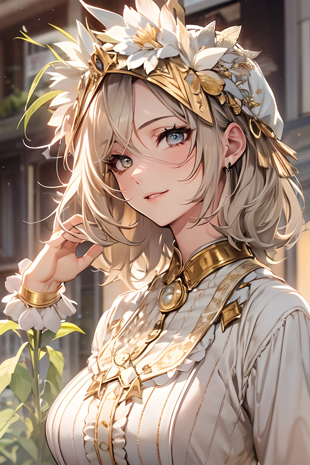 extremely delicate and beautiful girls, The First Industrial Revolution, depthoffield,looking_at_viewer, neat figure, beautiful detailed fullbody, flat chest, girl,woman,female, young,20 years old, short hair, bangs, long bangs, grey hair, hair fluttering in the wind, Beautiful face, light smile, beautiful and delicate golden eyes, closed_mouth, delicate hands, medium_breasts, , blonde eyes, pale skin, Beautiful accessories, Headdress, white_gloves, frilled_dress, high_heels, light brown Clothes, Only murals, bokeh, absurdres, very fine 8KCG wallpapers, extremely CG,