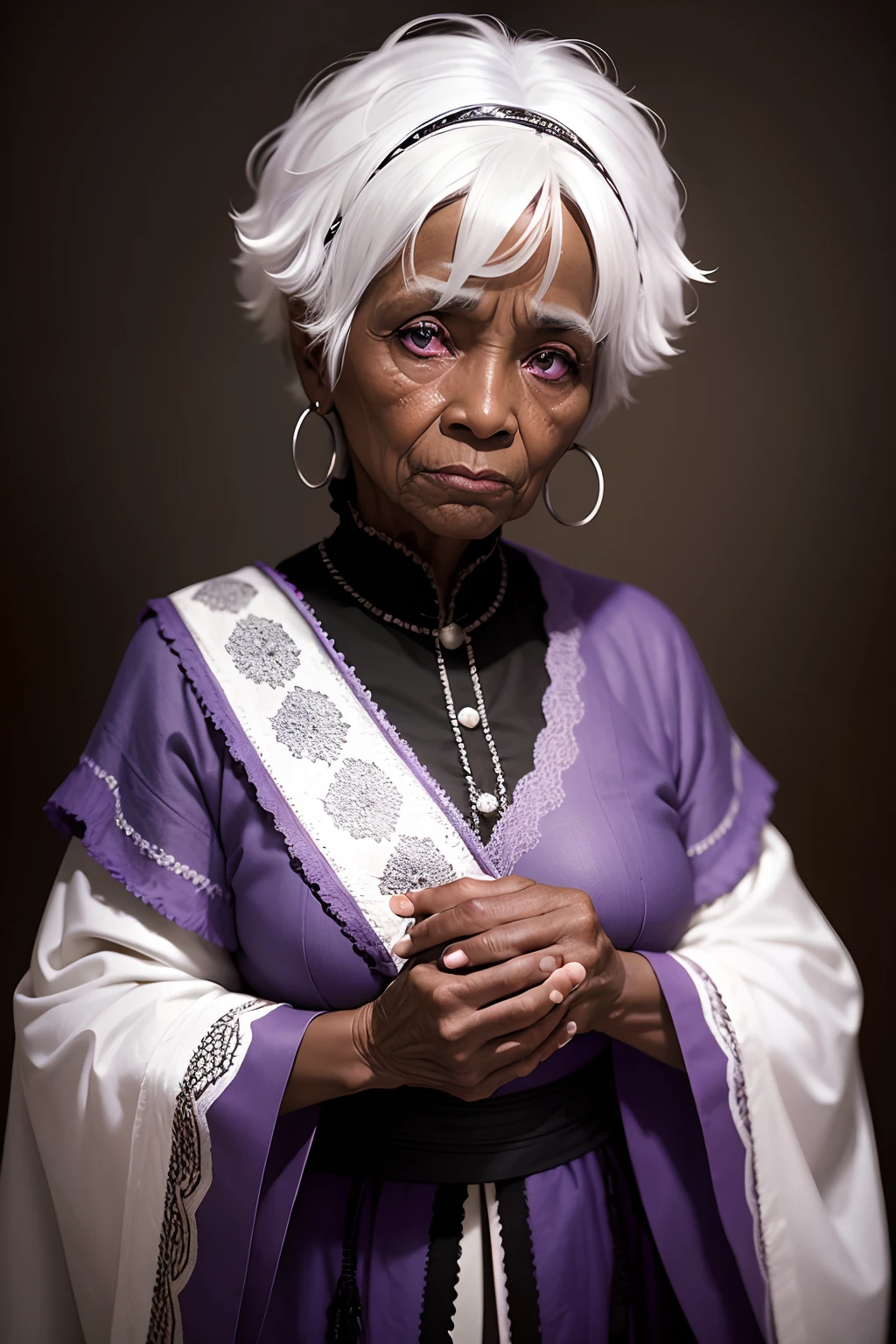an old black woman with white hair, purple eyes, black skin and elderly woman's clothes,captured with Nikon d850.Subdued light on a blurred background to highlight the person and give a depth effect.