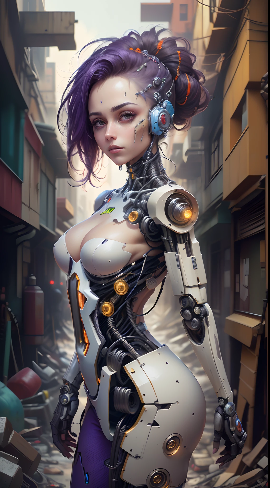 8k, 。.....................................3D, realista, Ultra Micro Photography, of the highest quality, Super detalle CG Unity 8k,Hermosa mujer robot, (mechenical parts: 1.5), lucha, ojos brillantes, cabello corto, supertraje apretado rasgado,(Robot blanco:1.4),In a destroyed city apocalyptic fire, dynamic  pose, dynamic view,( cyberpunk:1.4),(manos Detallado:1.4).(hermosa cara y ojos detallados:1.4),(fondo morado:1.4)