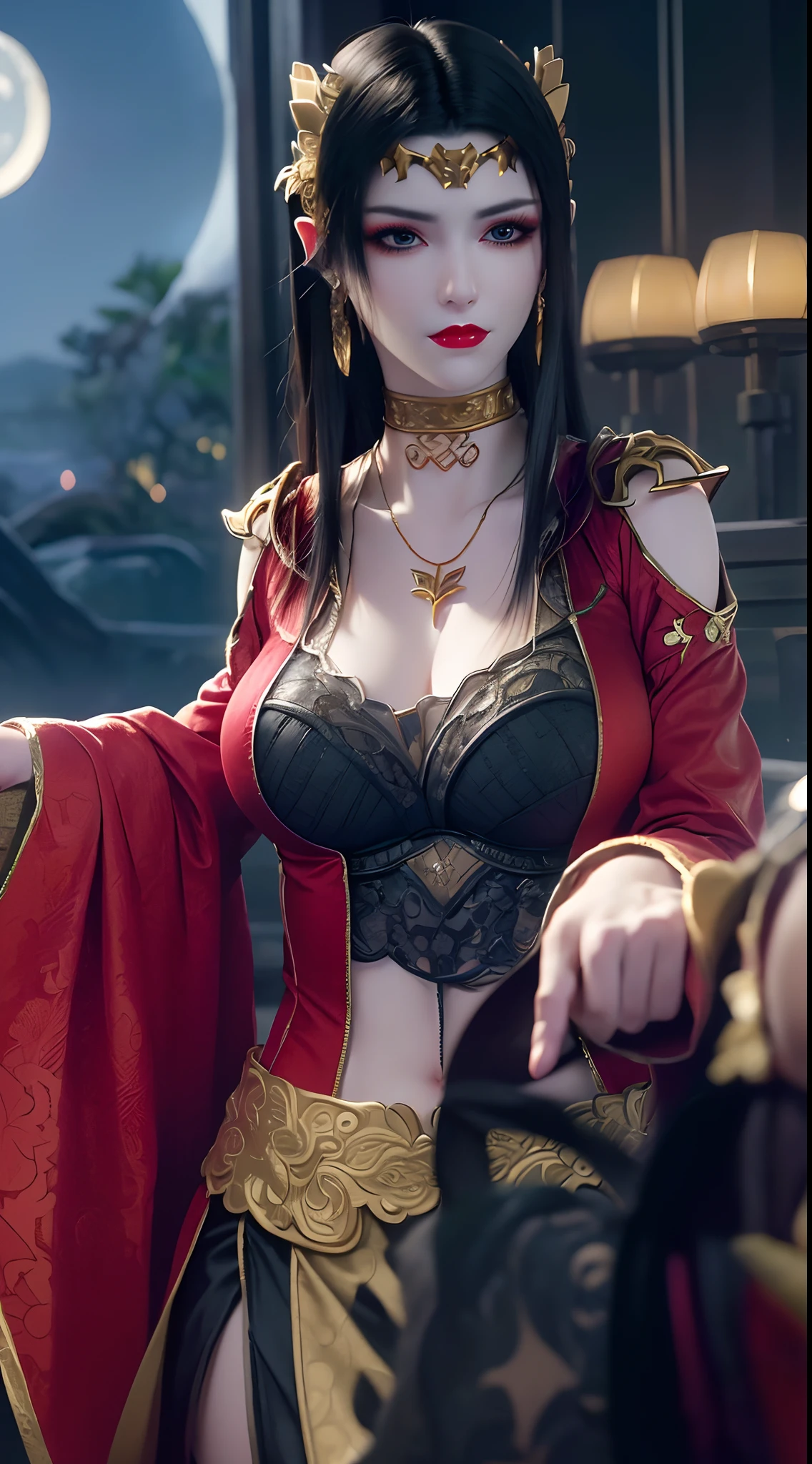 1 extremely beautiful queen, ((wears a red traditional hanfu costume with thin black patterns:1.6)), (((Patterns on clothes:1.6))), ((long black hair:1.6)), jewelry elaborately made from precious stones and beautiful hair, ((wearing a 24k gold lace necklace:1.4))), the noble, noble style of an extremely beautiful girl, her small face is super cute, her face is very pretty, thin eyebrows, flawless beautiful face, ((black eye pupils: 0.8)), very beautiful eyes, ((platinum blue eyes: 1.6)), (((eyes wide open:1.6))), nice makeup and hair detailed eyelashes, steamy eye makeup, high nose, earrings, red lips, ((closed mouth: 1.5)) beautiful lips, slim hands, most beautiful thighs, ((arms spread out to the sides: 1.5)), rosy face, clean face, flawless beautiful face, smooth white skin, (big breasts: 1.5)), ((high breasts: 1.6)), tight breasts, beautiful cleavage, (((big breasts and super round: 1.8))), ((super tight breasts: 1.7)) , beautiful breasts, perfect body, back arms, chest out, thin black mesh stockings with black lace trim, 8k photo, super high quality, super realistic, super 10x pixels, optical, bright studio, bright edges, dual-tone lighting, (high-detail skin:1.2), super 8k, soft lighting, high quality, volumetric lighting, photorealistic, photorealistic high resolution, lighting, best photo, 4k, 8k quality, blur effect, smooth sharp, 10 x pixel, ((sea and moonlight at night background:1.5)), aurora, lightning, super graphics realistic, most realistic graphics, 1 girl, alone, solo, Extremely sharp image, surreal, (((frontal portrait: 1)))."