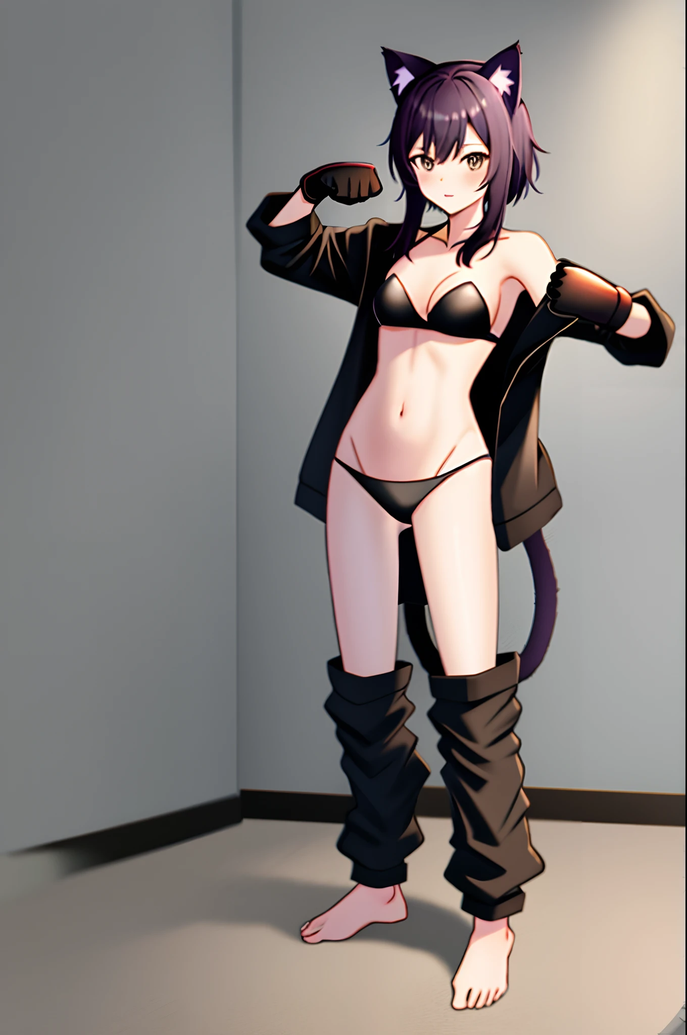((cat girl)), ((full body)), ((Standing pose)), (((very baggy and long leg warmers))), ((bare feet)), ((strapless bikini top)), ((thong)), ((open jacket)), ((martial fighting gloves)), ((fully detailed))