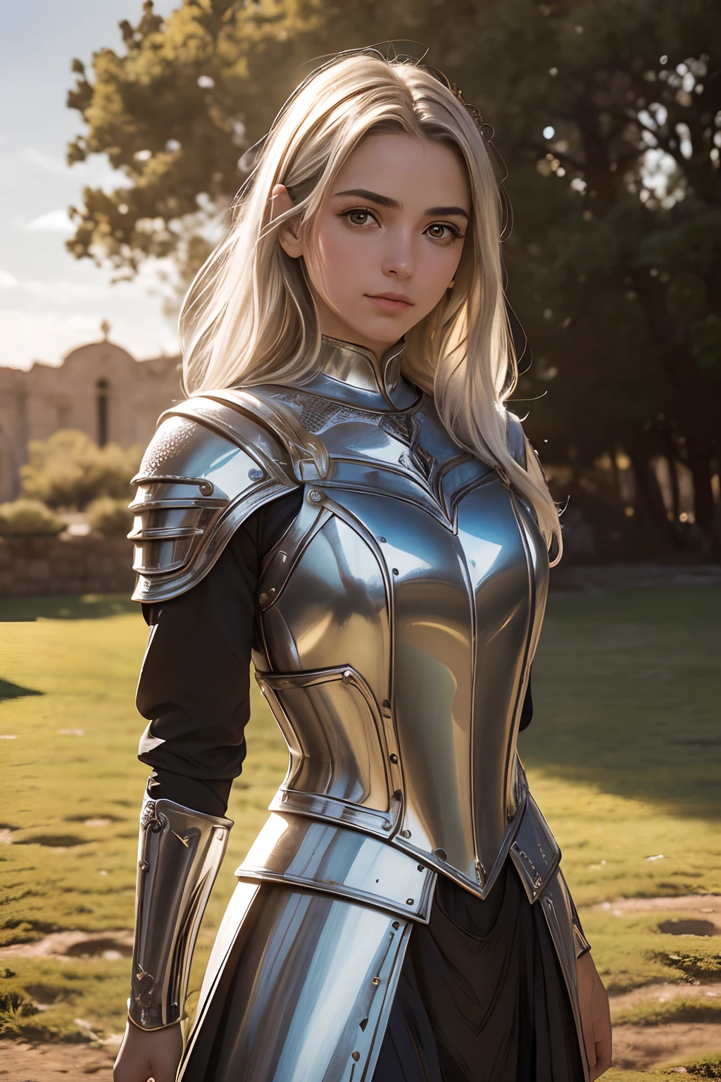 (Obra maestra), (extremadamente intrincado:1.3), (realista), Portrait photo of a young girl, The most beautiful in the world, (Armadura medieval), metallic reflections, Parte superior del cuerpo, al aire libre, luz solar intensa, Castillo lejano, Professional photograph of a stunning detailed woman, foco nítido, dramatic, Galardonado, cinematic lighting, , DTX volumetry, (Film grain, fondo borroso, primer plano borroso, Bokeh, Profundidad de campo, puesta del sol,interaction, Perfectchainmail