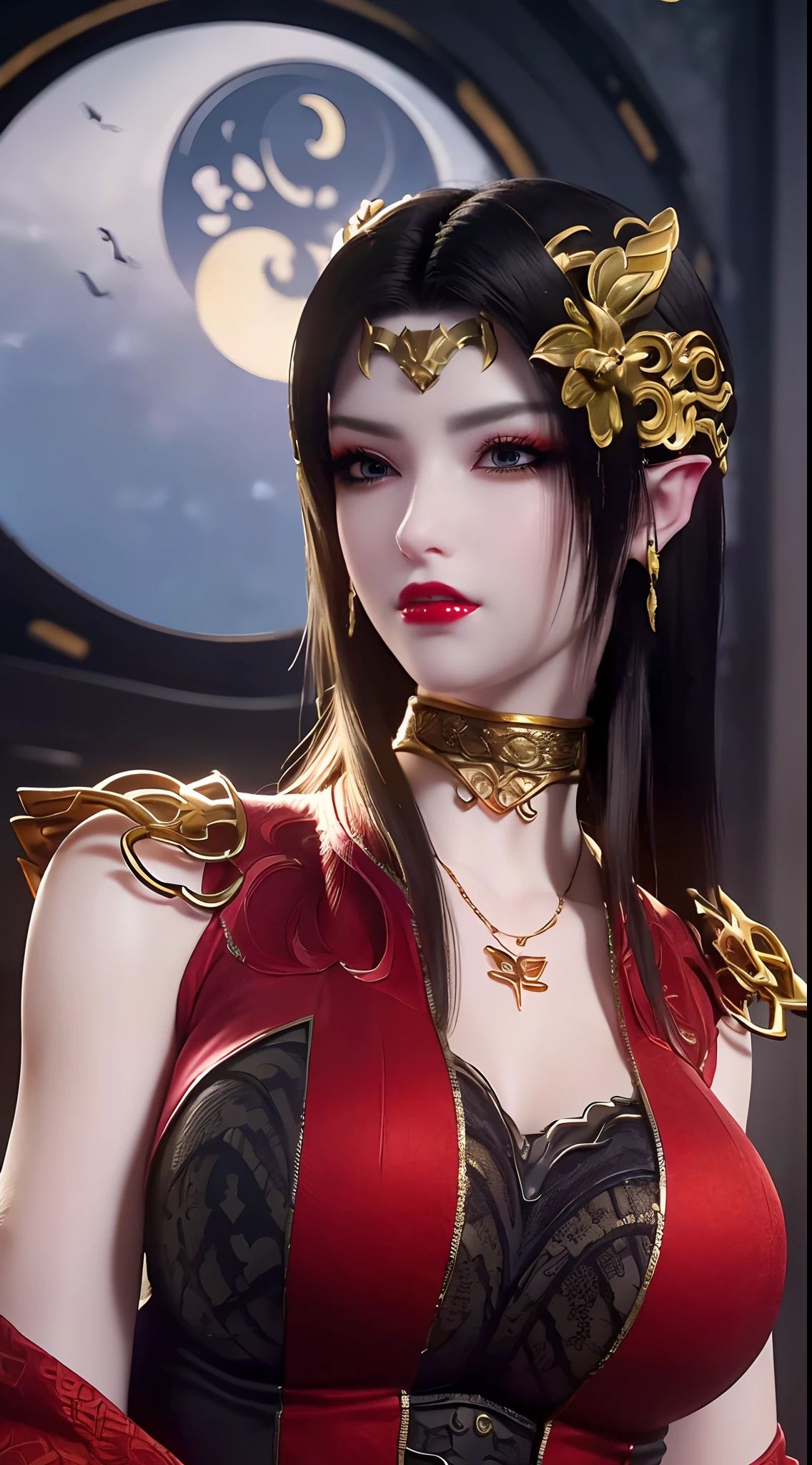 1 extremely beautiful queen, ((wears a red traditional hanfu costume with thin black patterns:1.6)), (((Patterns on clothes:1.6))), ((long black hair:1.6)), jewelry elaborately made from precious stones and beautiful hair, ((wearing a 24k gold lace necklace:1.4))), the noble, noble style of an extremely beautiful girl, her small face is super cute, her face is very pretty, thin eyebrows, flawless beautiful face, ((black eye pupils: 0.8)), very beautiful eyes, ((platinum blue eyes: 1.6)), (((eyes wide open:1.6))), nice makeup and hair detailed eyelashes, steamy eye makeup, high nose, earrings, red lips, ((closed mouth: 1.5)) beautiful lips, slim hands, most beautiful thighs, ((arms spread out to the sides: 1.5)), rosy face, clean face, flawless beautiful face, smooth white skin, (big breasts: 1.5)), ((high breasts: 1.6)), tight breasts, beautiful cleavage, (((big breasts and super round: 1.8))), ((super tight breasts: 1.7)) , beautiful breasts, perfect body, back arms, chest out, thin black mesh stockings with black lace trim, 8k photo, super high quality, super realistic, super 10x pixels, optical, bright studio, bright edges, dual-tone lighting, (high-detail skin:1.2), super 8k, soft lighting, high quality, volumetric lighting, photorealistic, photorealistic high resolution, lighting, best photo, 4k, 8k quality, blur effect, smooth sharp, 10 x pixel, ((sea and moonlight at night background:1.5)), aurora, lightning, super graphics realistic, most realistic graphics, 1 girl, alone, solo, Extremely sharp image, surreal, (((frontal portrait: 1)))."