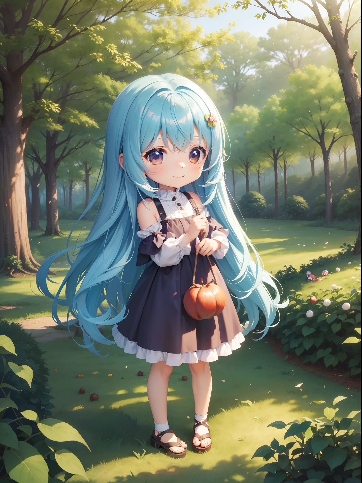 Chibichara　Picking chestnuts in a chestnut grove　long hair with blue hair((Chibi Chara))、A charming smile、Fluffy、girl with、Chibi Chara、Friends of the Forest、full body Esbian、Pastel colors hair、masutepiece、top-quality、