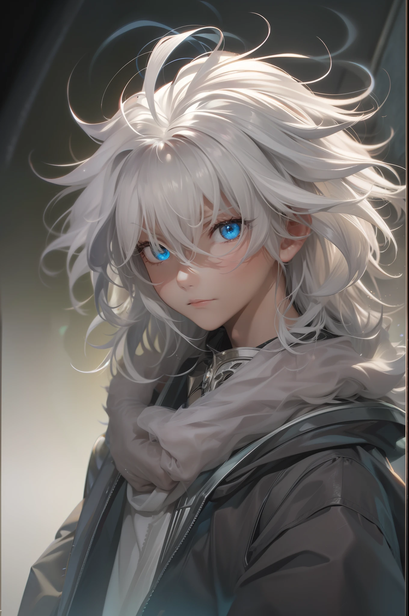 absurderes, A high resolution,Lazy, Ultra detailed, grumpy lighting, Quiet, calm, luminance, 巨作, Best quality, 15 year old boy, ultra detailed clothes, dark fantasy movie of the 90s yet, White hair, Large hair, combed hair, White eyes, hyper detail eyes, White skin, Light effects, chromatic effect, with light glowing, ultra detailed scenery, Chaotic background,There is text on the face,