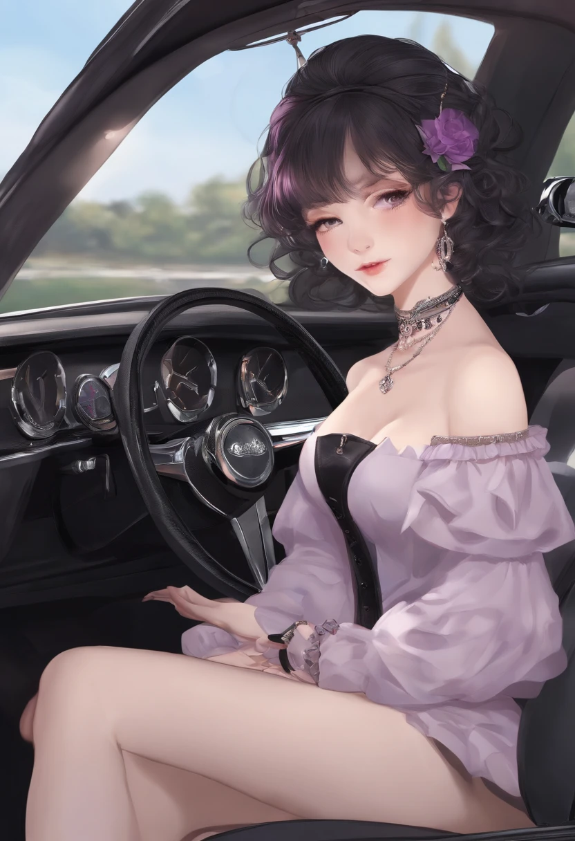 (masterpiece, best quality),1girl sitting in a car ,1girl, jewelry, smile, looking at viewer, car interior, solo,black hair, purple eyes, steering wheel, blush, short hair, black shirt, off shoulder, black jacket, hair between eyes, long sleeves, , wrist scrunchie, choker, goth, big boobs,make up