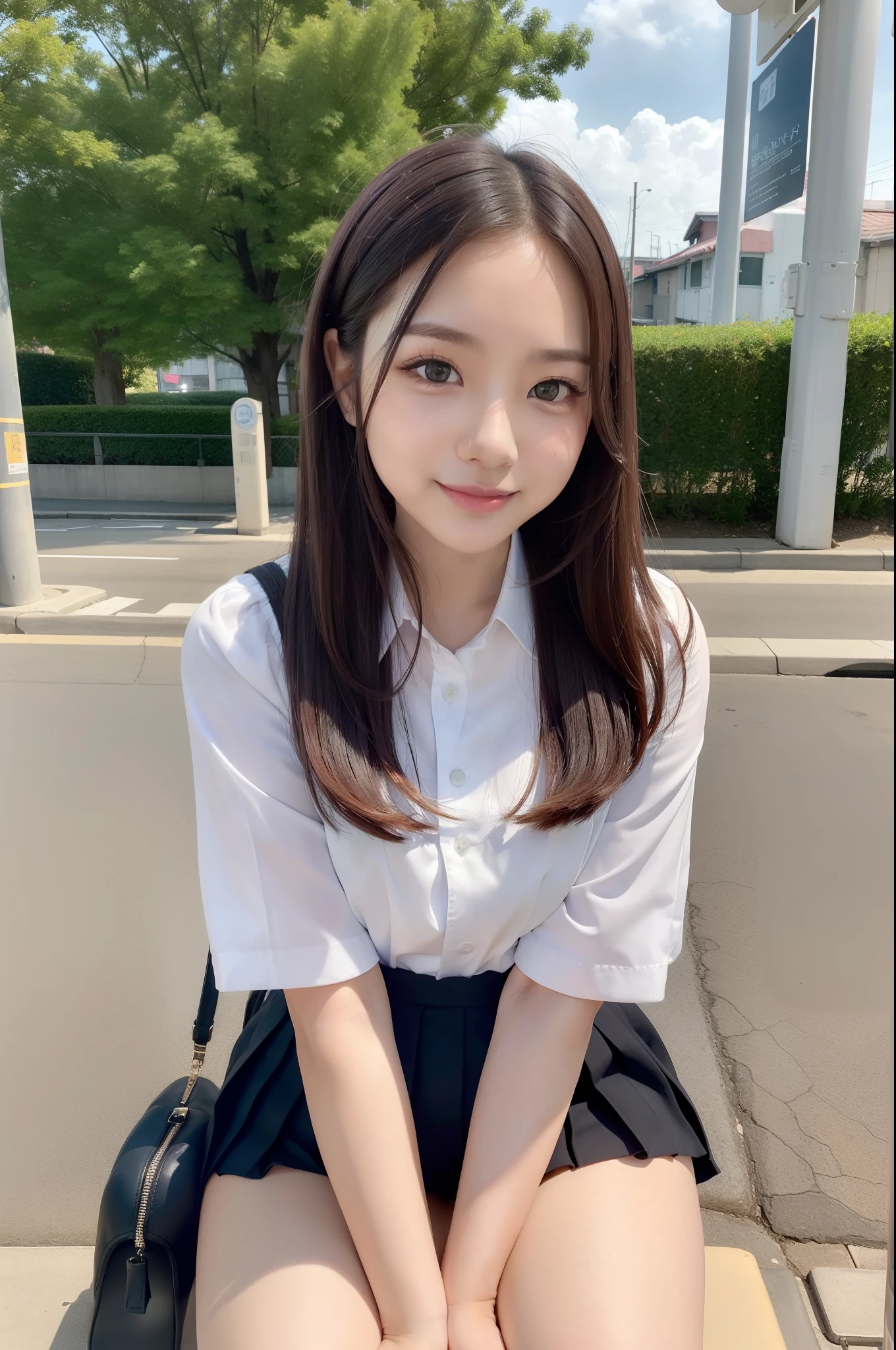 (realisitic、Photorealsitic:1.37)、(masterpiece)、(top-quality:1.4)、(超A high resolution:1.2)、(RAW Photography:1.2)、(foco nítido:1.3)、(Face Focus:1.2)、elegent、(full bodyesbian:1.2)、top-quality、masterpiece、(真实感:1.2)、girl with、brown haired、brown-eyed、frontage、A detailed face、beautidful eyes、Pleated mini skirt uniform、I can see my panties、Boldly sitting at a bus stop(1.5)、Biting smile、a lot of eyelashes、high-heels、 Very pretty