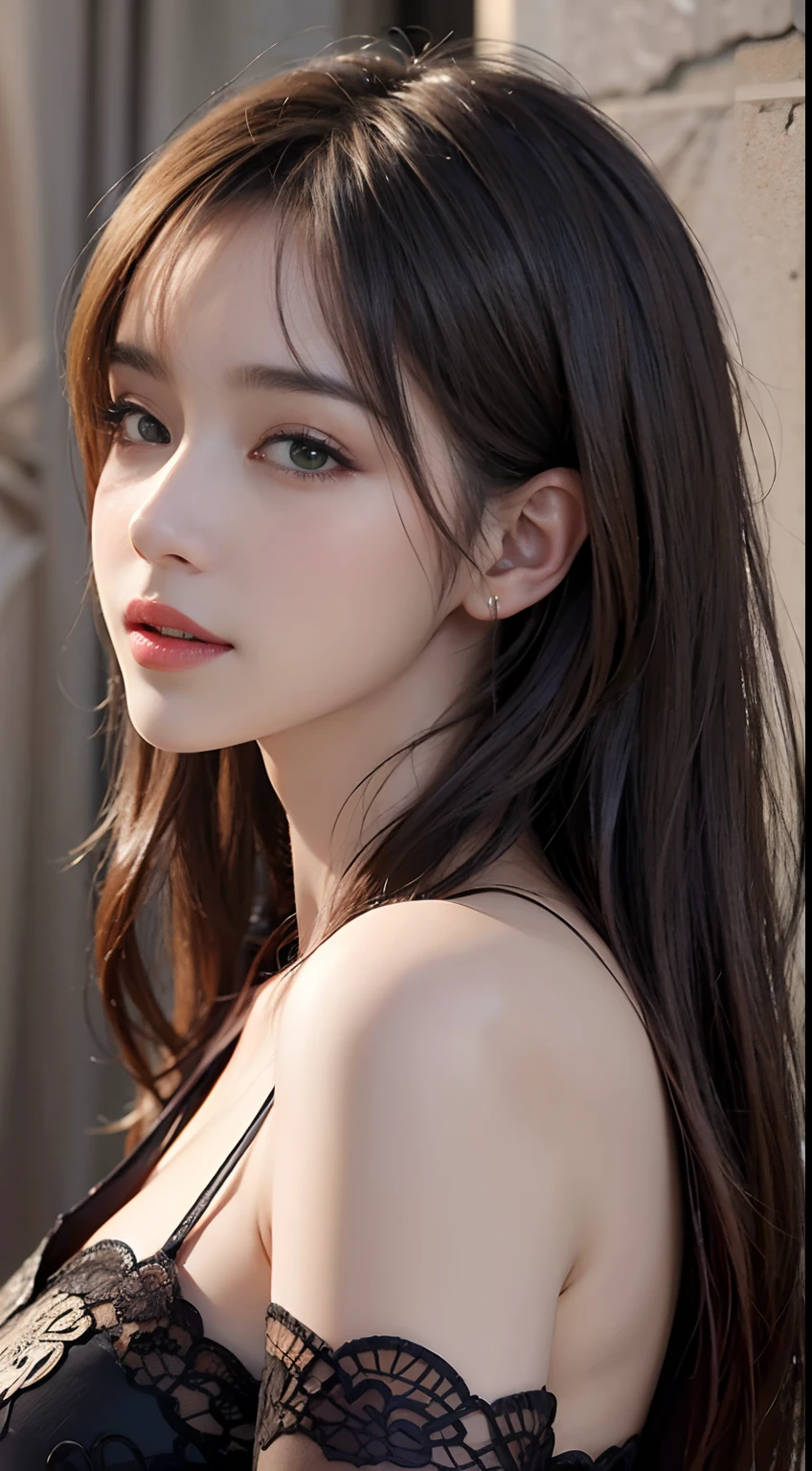 Masterpiece, best picture quality, high quality, beautiful woman, Japanese, popular Korean makeup, detailed, swollen eyes, detailed eyes, detailed skin, beautiful skin, ultra high resolution, (reality: 1.4),very beautiful, slightly younger face, beautiful skin, slender, (ultra realistic), (illustration), (high resolution), (8K), (very detailed) (best illustration), (beautifully detailed eyes), (super detailed), (wallpaper), (detailed face), looking at viewer, fine detail, detailed face, pureerosfaceace_v1, smiling, looking straight ahead, looking straight ahead, angle from waist up, realistic photo, bright lighting, professional lighting, black hair (some green), long hair, dark ruins, big red moon, gorgeous red and black dress, mature woman, long stylish bangs,