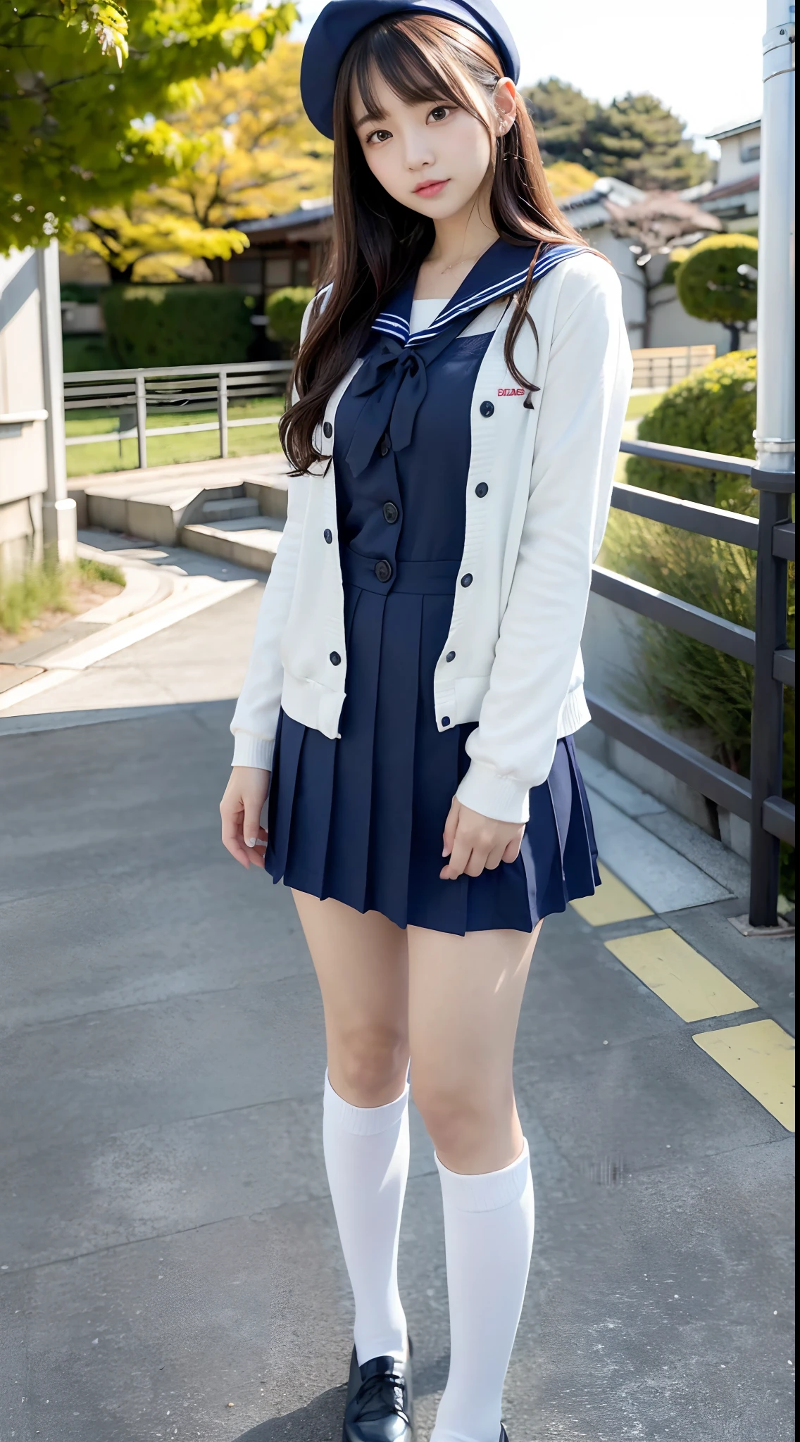 mix4, (16 K, Raw photography, Top image quality, masterpiece: 1.45), (realisitic, Photorealsitic: 1.37), one girls, 7.5, etc、Random hairstyle、Standing figure,Noon time slot、a very cute,a park,, profetional lighting, photon maping、physically-based renderingt, Gradient dark brown hair,, a handsome, Well-groomed and beautiful eyes、Large double eyelids、Very shiny、girl with, (((student clothes、Winter clothes、Sailor suit worn by Japan schoolgirl、Navy blue sailor color、scarf、a miniskirt, Small beret、high socks、lowfers))), Top Quality Photos, hight resolution, 1080p, (clearface), (Detailed face description), (Detailed hand description), (masterpiece), (Exquisite CG)、extreme light and shadows、dishevled hair、master work、abundant detail、(Fine facial features)、(top quality photo)、(masuter piece)、(A detailed eye)、Look in front of you、Fine clavicle、((Slender big))、(((Japan schoolgirl in sailor suit)))、((Ready Idol System))、((a park、Slide、The fountain、seesaw))、(Shooting from random perspectives)、(((neat and cute)))、耳Nipple Ring、A big smile、Drawing the whole body from the knees、Do not draw nasolabial folds、(((Cute sailor suit)))、(Big breasts that hang down big:1.2)、Big buttocks with tension、Two arms and two legs、(((from the front side:0.2)))、bare hand、No mask、
