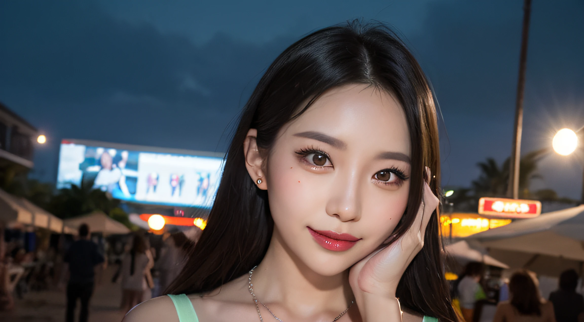 Black hair, hair bobbles, long eyelasher, solid circle eyes, Light smile, Moles under eyes, Light smile, Shy, puckered lips, surrealism, shadowing, stereograms, angle of view, Atmospheric perspective, Depth of field, first person perspective, f/1.8, 8K, Super detail, ccurate, Best quality, A high resolution, Best quality,full bodyesbian,Professional lighting,Moonlight,Evening,beach,necklace,race queen,Cross your arms behind your head:1.5,Upper body,