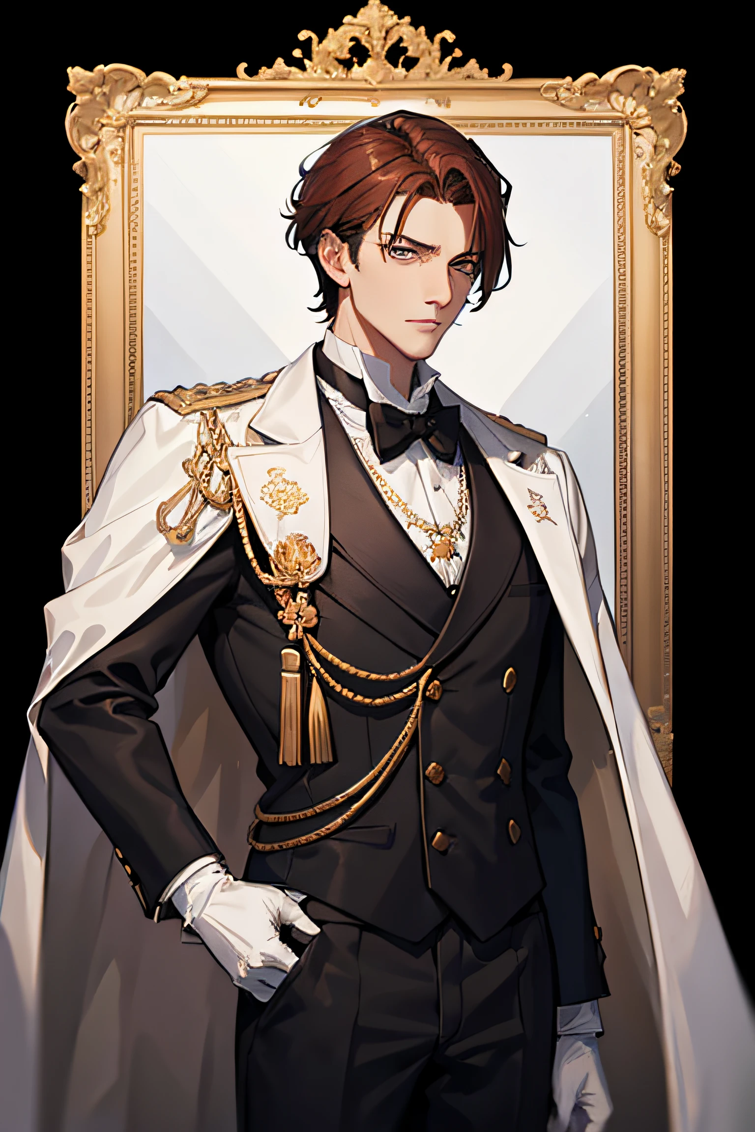 1man, mature, duke, dark auburn hair, count, viscount, victorian era, suit, coat, grey eyes, white gloves, golden designs, black shirt, no background, absurdres, high res, ultrasharp, 8K, masterpiece, looking at viewer, standing, no background, no background, white background