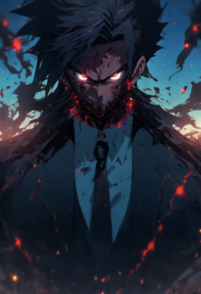Portrait photo of a man in a black suit, full of wounds, Looking at the camera, Tall farmland, It's a bit dark, Ultra detailed