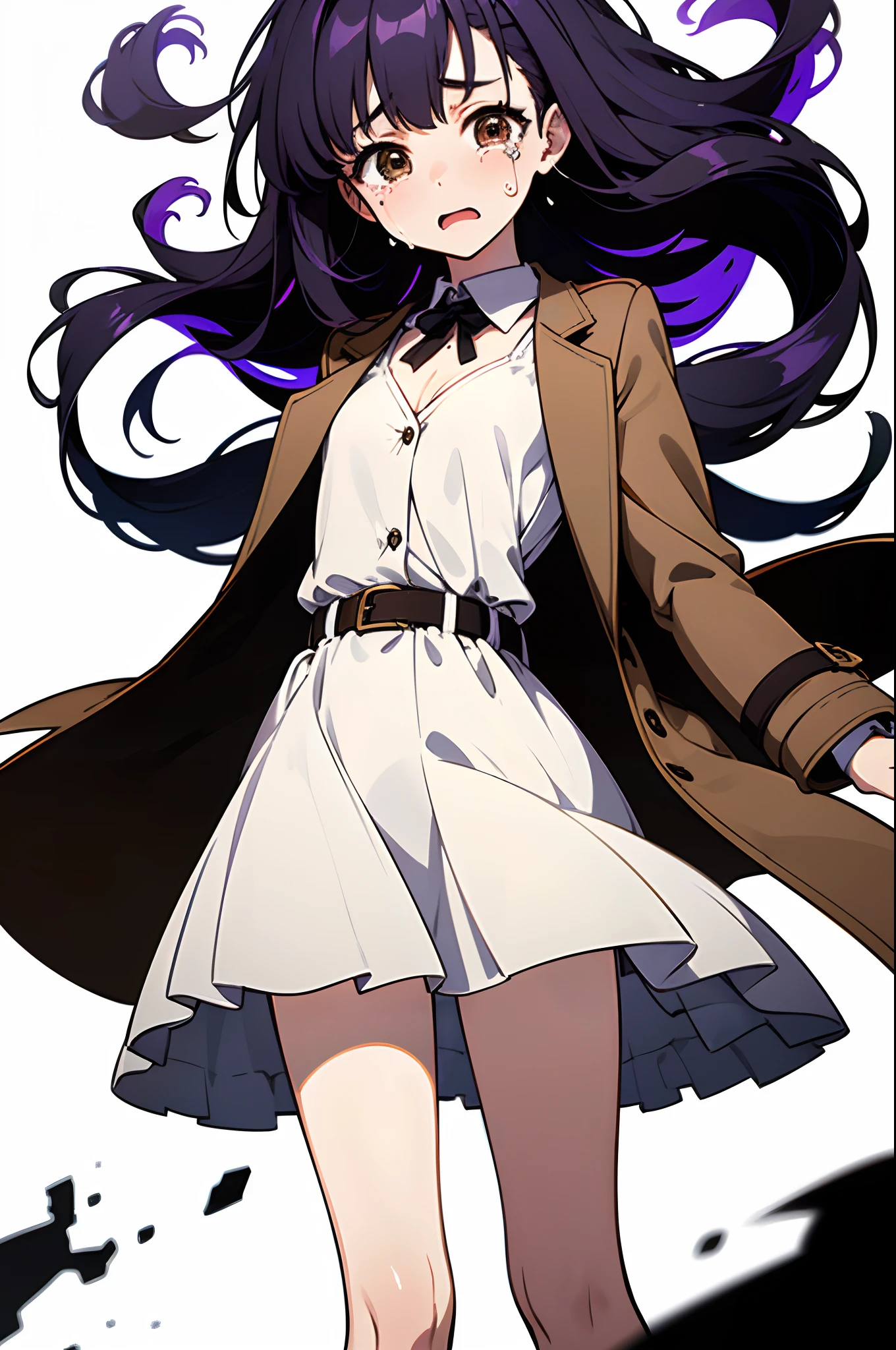 1girl, solo, loli, little girl, (black hair), (inner purple hair), straight hair, very long hair, (messy hair), brown eyes, small breasts, crying, scared, coat, brown coat, overcoat, white dress, belt, looking at viewer, arms behind back, white background, transparent background, masterpiece, best quality, 4k