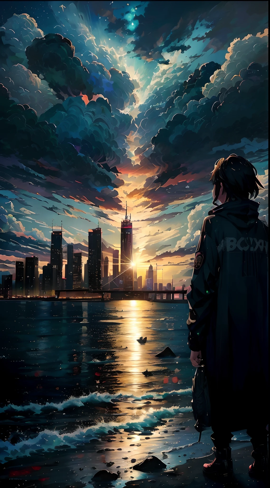 anime, a person standing on a beach looking at a city, Makoto Shinkai Cirilo Rolando, ( ( ( ( ( Dan Mumford ) ) ) ) ), Pintura de Dan Mumford, No estilo Dan Mumford obra de arte, inspirado em Liam Wong, Dan Mumford Tinta, No estilo de arte de Dan Mumford, Anime Art Wallpaper 4K, Anime Art Wallpaper 4K, melhor qualidade, 8k