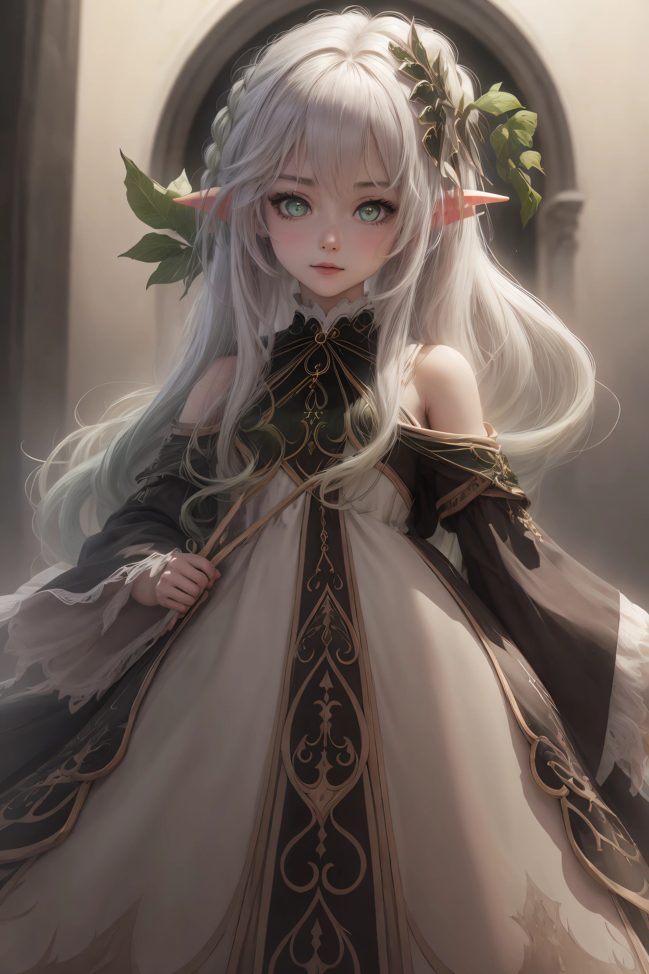 Adult girl standing and looking at the camera, pixie, elf ears, Beautiful elven ears, The girl is dressed in a Gothic dress, Long Dress, floor-length dress, pony tail, High-quality beautiful eyes, beatiful face, High Quality Face, dark sky, Thin, Wet waist, Slender figure, Appearance of the model, confusion, sexuality, Cute beautiful anime woman, detailed digital anime art, beautiful anime girl, beautiful anime girl, Anime with small details, Best Quality, Masterpiece, Ultra-detailed, Beautiful, hight resolution, Original,CG 8K ультрареалистичный, perfect artwork, beatiful face, Face Clean, Skin, hyper realistic, Ultra Detailed, A detailed eye, dramatic lighting, (Realistic) Realistic, Full HD, Best Quality, Best Quality, Beautiful lighting, (8k wallpaper of extremely detailed CG unit), High Details, sharp-focus, The art of dramatic and photorealistic painting, beautiful smile,