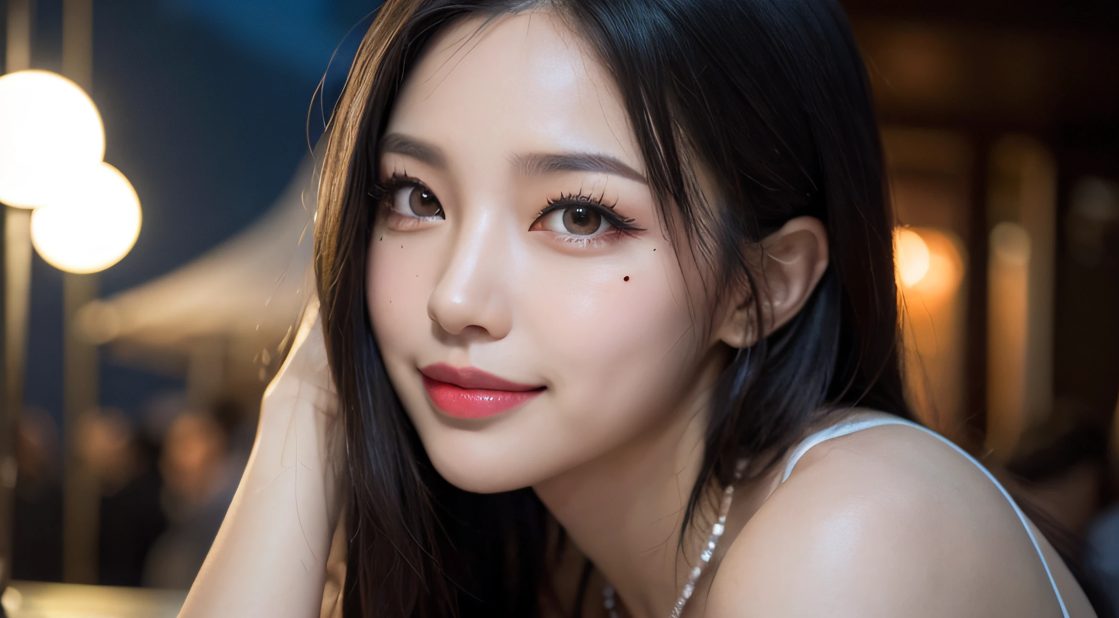 Black hair, hair bobbles, long eyelasher, solid circle eyes, Light smile, Moles under eyes, Light smile, Shy, puckered lips, surrealism, shadowing, stereograms, angle of view, Atmospheric perspective, Depth of field, first person perspective, f/1.8, 8K, Super detail, ccurate, Best quality, A high resolution, Best quality,full bodyesbian,Professional lighting,Moonlight,Evening,beach,necklace,race queen,Cross your arms behind your head:1.5,Upper body,