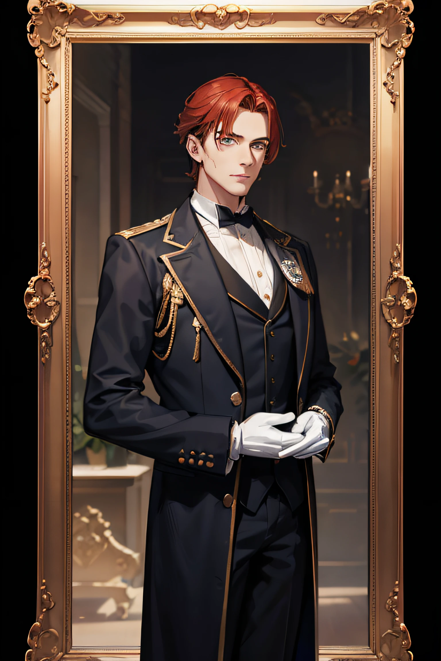 1man, mature, duke, auburn hair, count, viscount, victorian era, suit, coat, grey eyes, white gloves, golden and red designs, black shirt, no background, absurdres, high res, ultrasharp, 8K, masterpiece, looking at viewer, standing, no background, no background, white background