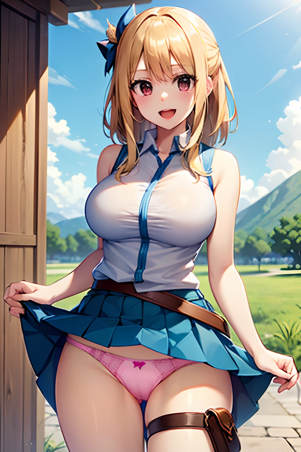 Master masterpiece, top-quality, High Definition, , Lucy Heartphilia, blonde hair, length hair, large full breasts, white shirt, Sleeveless, a belt, a blue skirt,Smile with open mouth, Solo、plein air、is standing、cowboy shot, (Skirt lift:1.3), (pink panties:1.3)、(Skirt that rolls up:1.3)、(Fully exposed panties:1.5)、