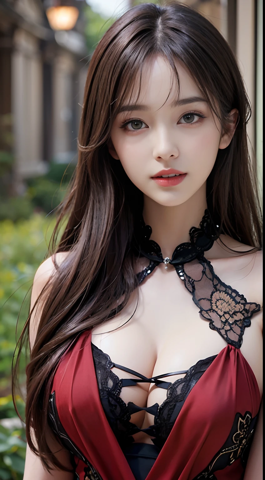 Masterpiece, best picture quality, high quality, beautiful woman, Japanese, popular Korean makeup, detailed, swollen eyes, detailed eyes, detailed skin, beautiful skin, ultra high resolution, (reality: 1.4),very beautiful, slightly younger face, beautiful skin, slender, (ultra realistic), (illustration), (high resolution), (8K), (very detailed) (best illustration), (beautifully detailed eyes), (super detailed), (wallpaper), (detailed face), looking at viewer, fine detail, detailed face, pureerosfaceace_v1, smiling, looking straight ahead, looking straight ahead, angle from waist up, realistic photo, bright lighting, professional lighting, black hair (some green), long hair, dark ruins, big red moon, gorgeous red and black dress, mature woman, long stylish bangs,