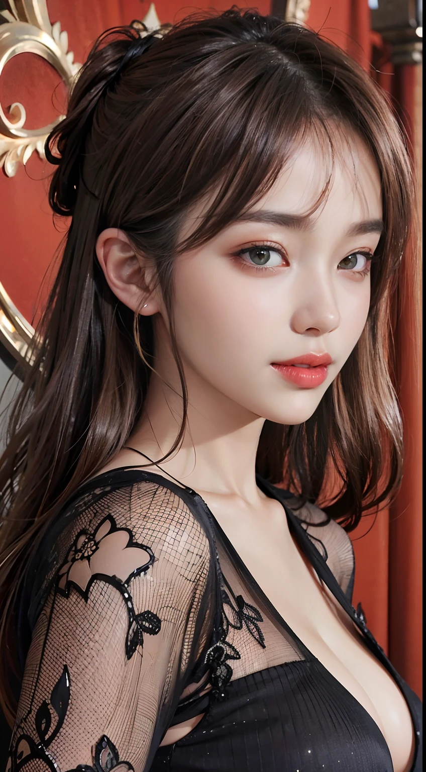 Masterpiece, best picture quality, high quality, beautiful woman, Japanese, popular Korean makeup, detailed, swollen eyes, detailed eyes, detailed skin, beautiful skin, ultra high resolution, (reality: 1.4),very beautiful, slightly younger face, beautiful skin, slender, (ultra realistic), (illustration), (high resolution), (8K), (very detailed) (best illustration), (beautifully detailed eyes), (super detailed), (wallpaper), (detailed face), looking at viewer, fine detail, detailed face, pureerosfaceace_v1, smiling, looking straight ahead, looking straight ahead, angle from waist up, realistic photo, bright lighting, professional lighting, black hair (some green), long hair, dark ruins, big red moon, gorgeous red and black dress, mature woman, long stylish bangs,