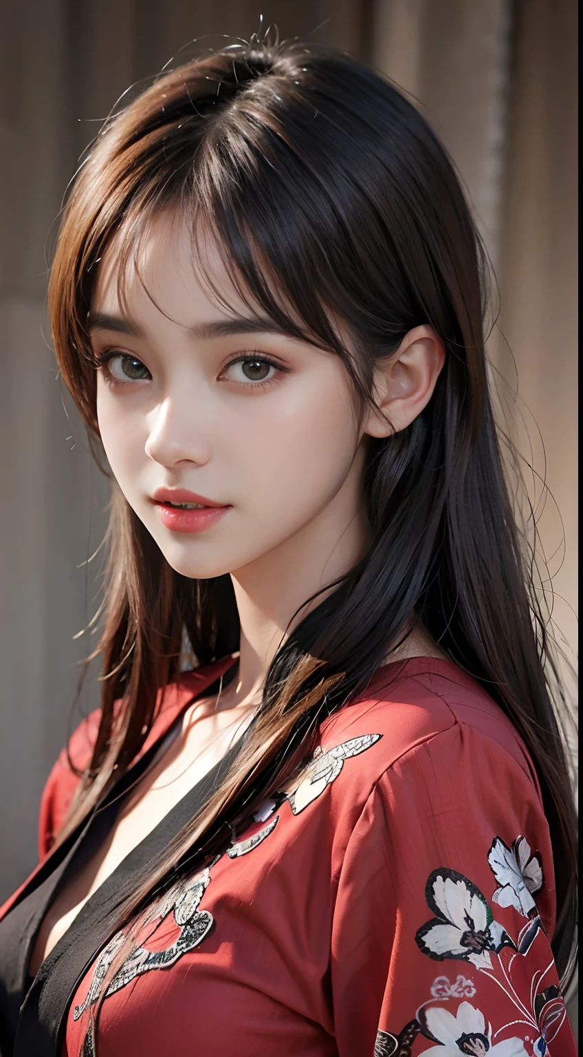 Masterpiece, best picture quality, high quality, beautiful woman, Japanese, popular Korean makeup, detailed, swollen eyes, detailed eyes, detailed skin, beautiful skin, ultra high resolution, (reality: 1.4),very beautiful, slightly younger face, beautiful skin, slender, (ultra realistic), (illustration), (high resolution), (8K), (very detailed) (best illustration), (beautifully detailed eyes), (super detailed), (wallpaper), (detailed face), looking at viewer, fine detail, detailed face, pureerosfaceace_v1, smiling, looking straight ahead, looking straight ahead, angle from waist up, realistic photo, bright lighting, professional lighting, black hair (some green), long hair, dark ruins, big red moon, gorgeous red and black dress, mature woman, long stylish bangs,